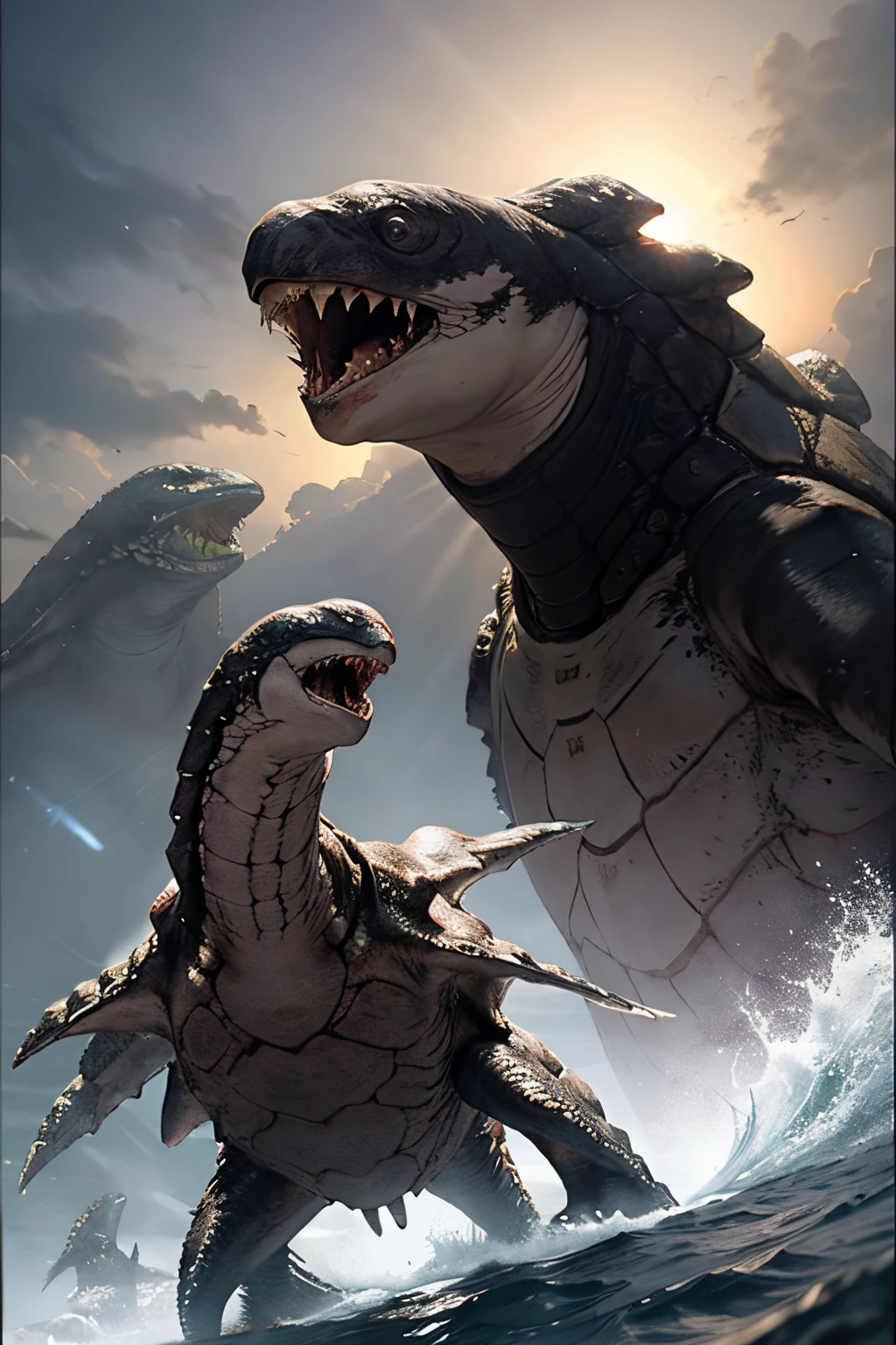 Swimming turtles, underwater, style of Christian Lassen