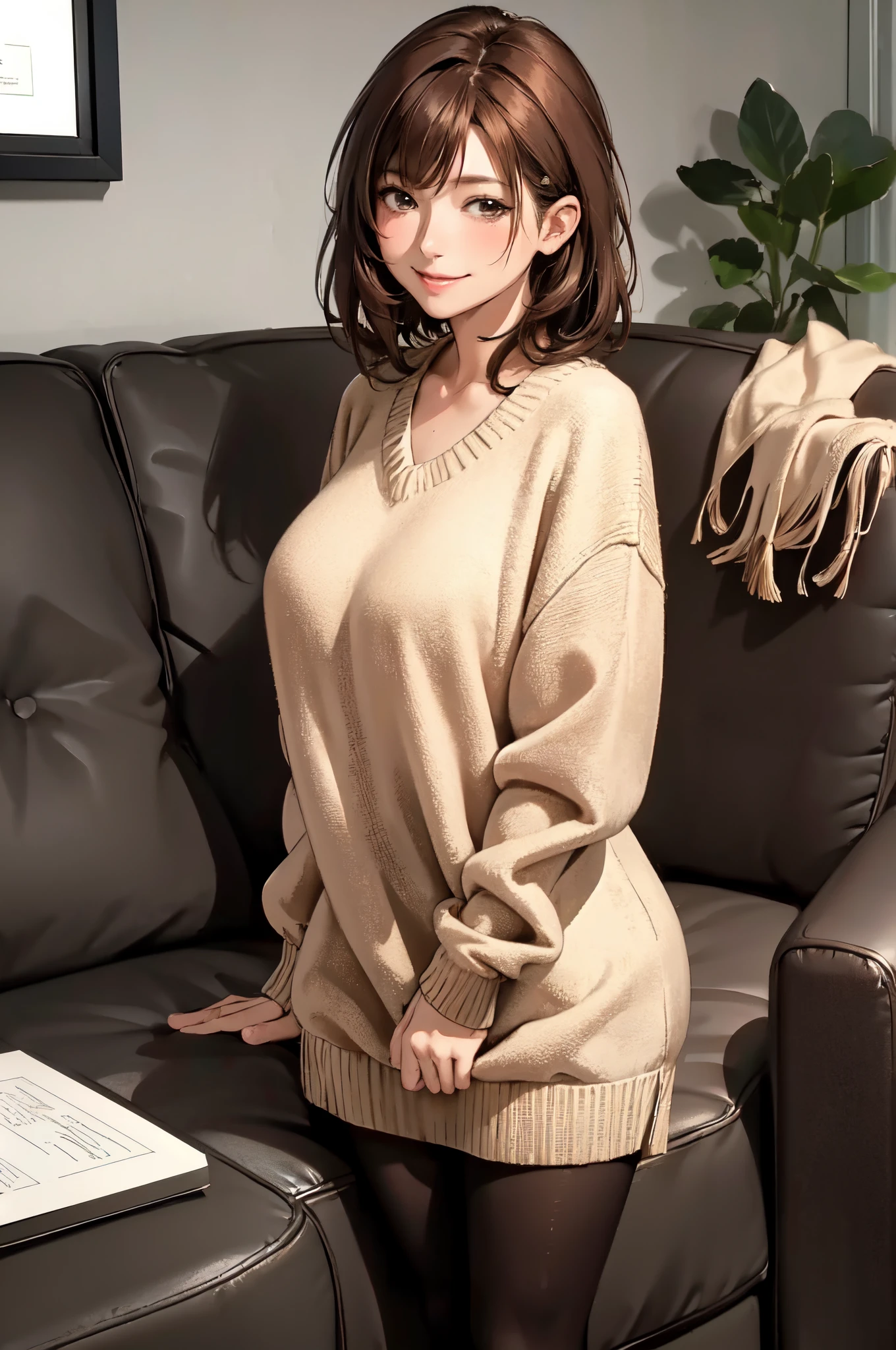 1lady standing, /(oversized sweater/) v-neck, mature female, /(brown hair/) bangs, blush kind smile, (masterpiece best quality:1.2) delicate illustration ultra-detailed, medium breasts pantyhose BREAK /(modern house living room/) indoors