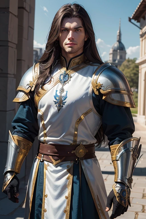 caucasian human male, with long black hair with brown highlights, rich green eyes, very muscular, with a stern look. wearing a light royal blue with white accents tabard, silver gauntlets, shinning silver metal chest and shoulder plate mail trimmed with gold on his, holding a long majestic sword, small round shield.