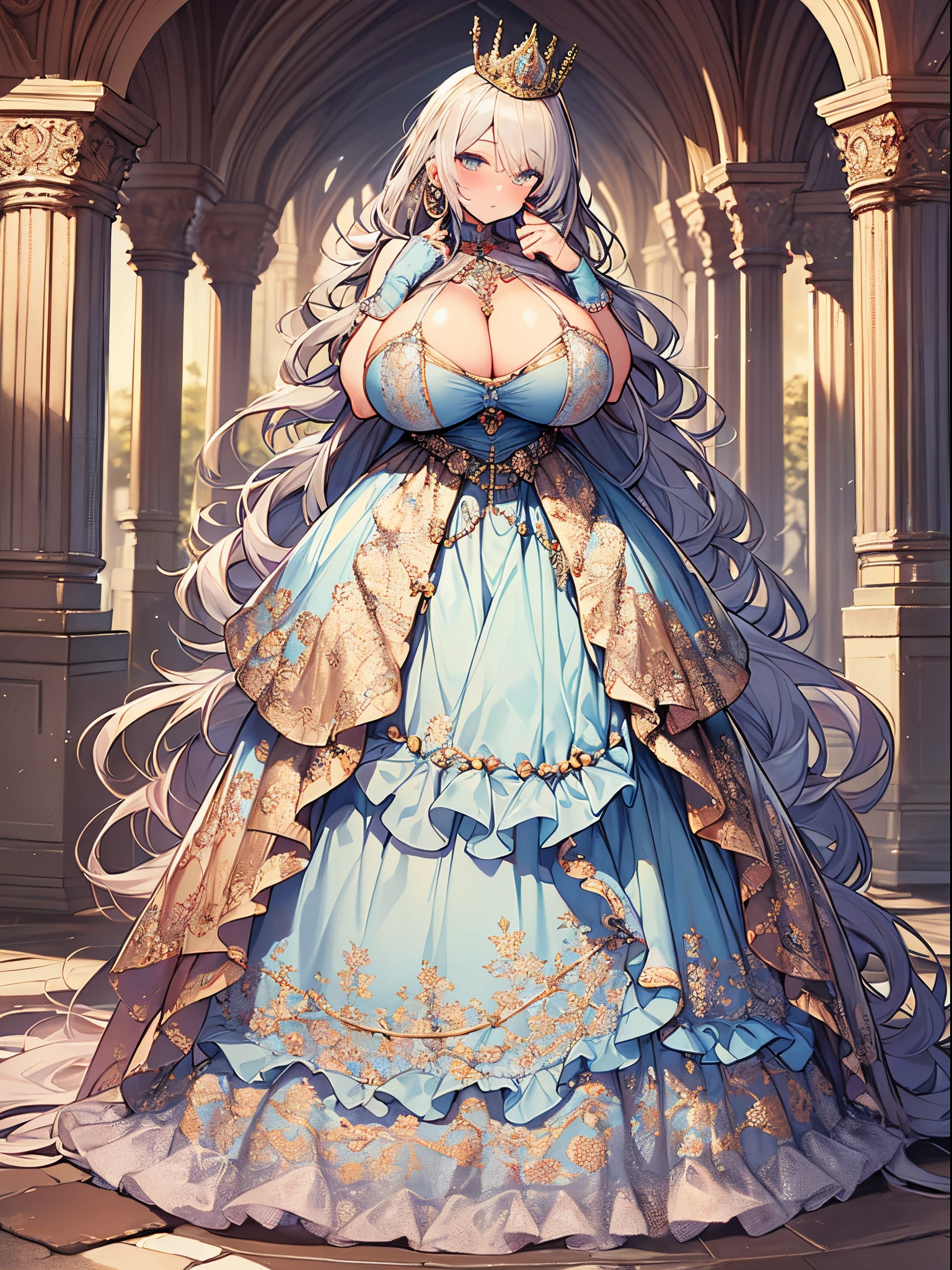 ultra-detailed, extremely detailed,((anime artstyle)),Masterpiece,(Best Quality),(Super Detail),(Very Delicate and Beautiful),((Solo)),((full body)),full body,((detailed face and eyes)),perfect eyes, rendered eyes,jewel-like beautiful eyes,((1 princess in beautiful embroidery and jeweled gorgeous rococo ballgown with frilled voluminous full length hoop skirt)),((Crinoline)),beautiful embroidery and jeweled gorgeous rococo ballgown with frilled voluminous full length hoop skirt,(large amount of straight hair,extremely voluminous Very Long straight Hair,Absolutely Long Straight Hair),sparkly skin,(((very gigantic boobs,curvy,skindentation))),Bursting breasts,cleavage,(fantasy castle,outdoors,outside the castle),long_gloves,extremely gorgeousfull jeweled hair ornament,(bling-bling extremely gorgeousfull jeweled tiara),(luxurious jewelry),full body,beautiful embroidery and jeweled gorgeous rococo ballgown with frilled voluminous full length hoop skirt