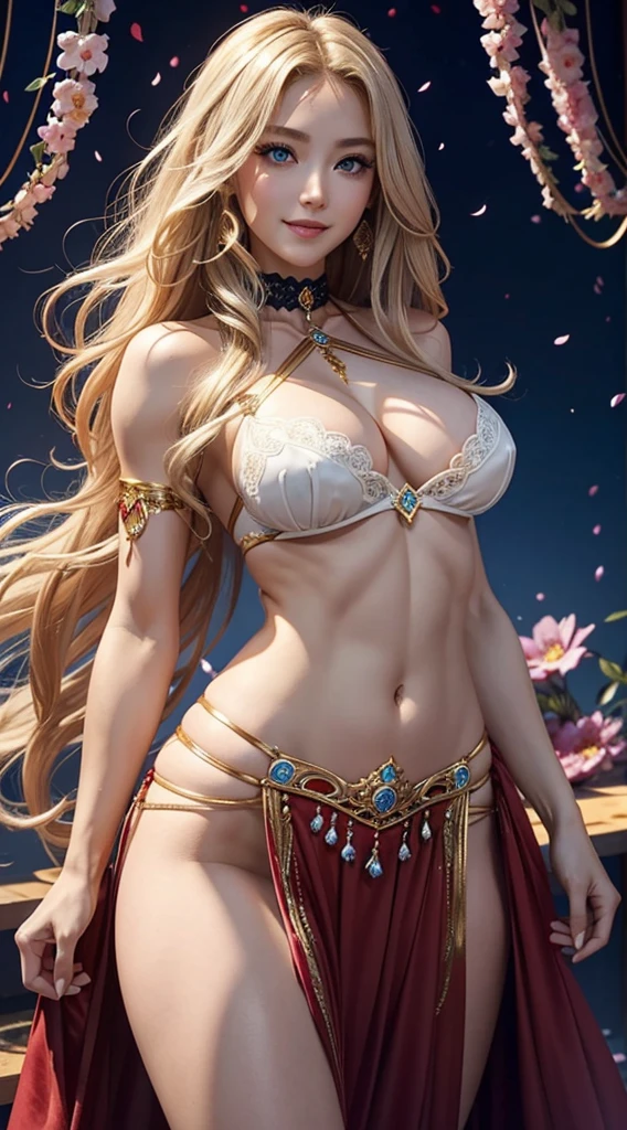 A 23-year-old white woman with unparalleled beauty.、blue eyess、dark blonde、hair is wavy、Longhaire、The ends of the hair are curled upwards、She wears a red belly dance costume with lots of decorations.、a smile、Wearing a choker made of black lace、fullnude、Slender, muscular body with big breasts and well-proportioned muscle mass、My abs are cracked、dancing lively、A blizzard of flowers is occurring、art deco background