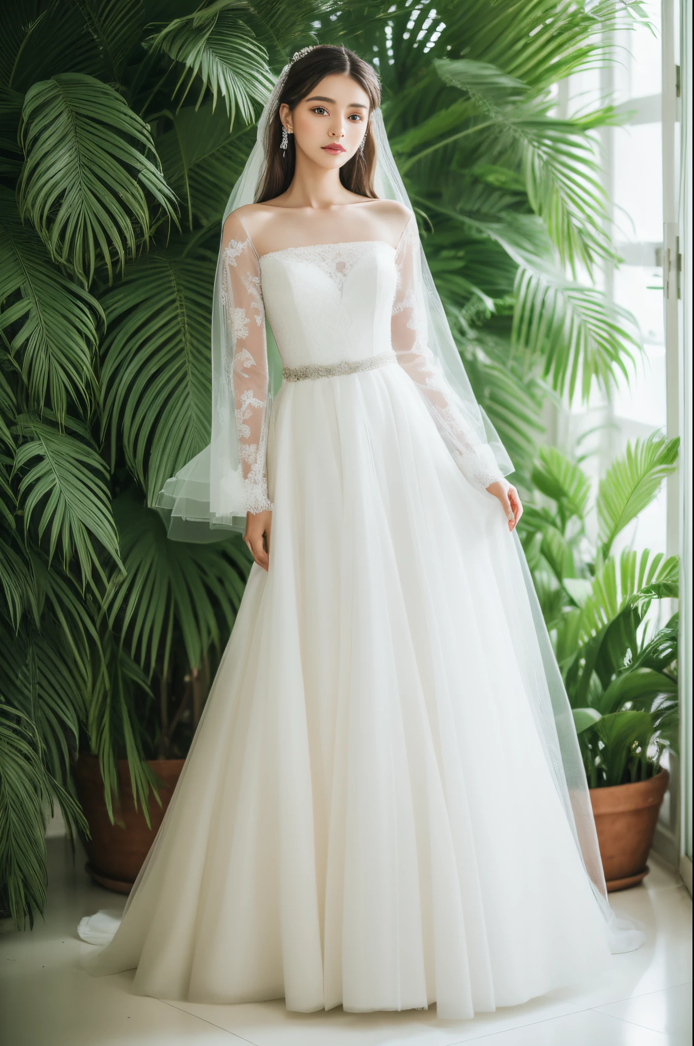 Best quality, 8k, 32k, Masterpiece, Masterpiece, (Photorealistic: 1.4), RAW photo, ultra realistic, 1girl,Fashion model,Wearing a white ballgown wedding dress, long sleeve style, tulle fabric, full body, in white room with indoor decorative palm tree,Stand upright and look straight,