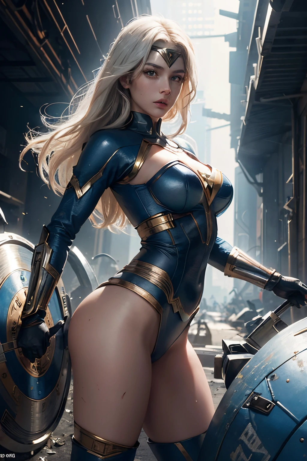 (1girl:1.3), solo, __body-parts__, official art, unified wallpaper 8k, super detailed, beautiful and aesthetic, beautiful, masterpiece, best quality, raw, masterpiece, super beautiful photo, best quality, super high resolution, photorealistic realism, sunlight, full-length portrait, amazing beauty, dynamic pose, delicate face, bright eyes, white hair ((rear view)), she wears a futuristic Wonder Woman costume, blue color scheme, (hand a shield), W on the chest, very detailed abandoned warehouse background, detailed face, detailed complex busy background, dirty, gorgeous, milky white, very detailed skin, realistic skin details, visible pores, sharp focus, volumetric mist, 8k uhd, SLR camera, high quality, film grain, light leather, photorealism, lomography, huge metropolis in a future dystopia, bottom view, translucent
