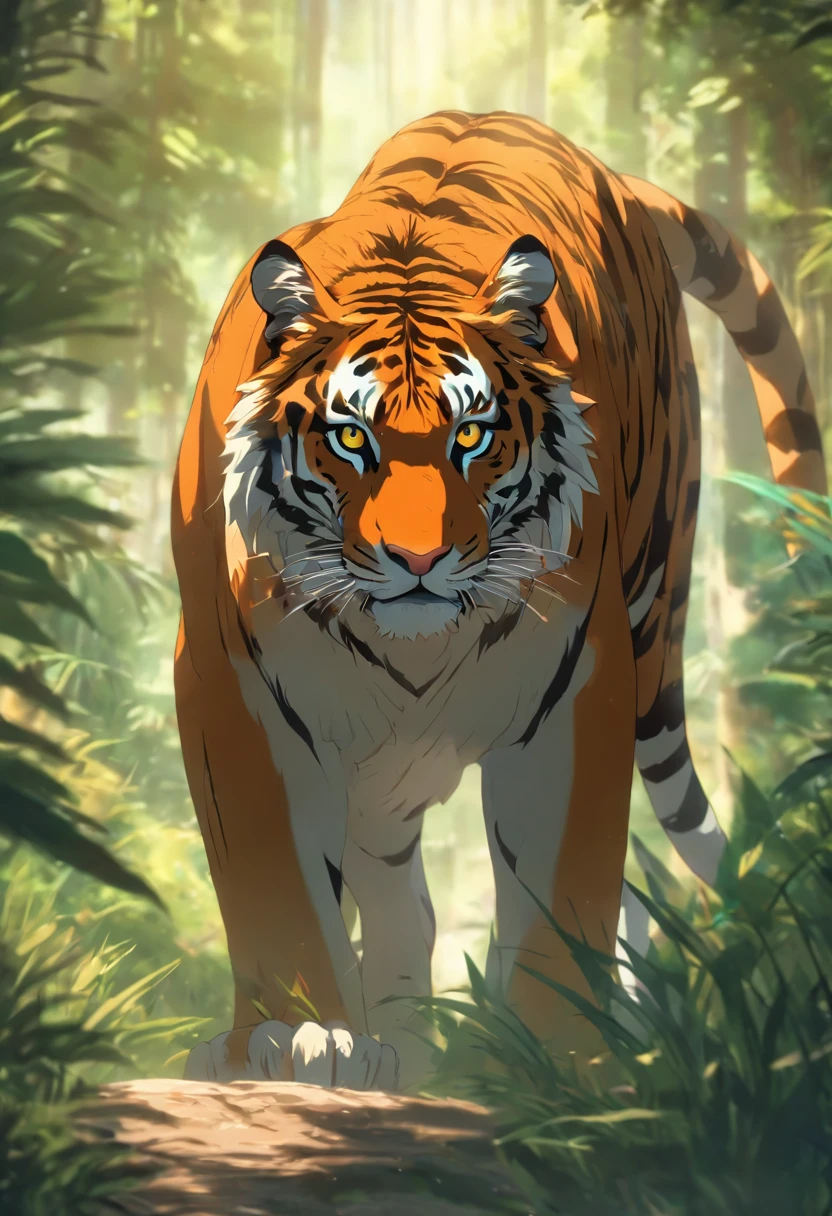 best quality,realistic,ultra-detailed,tiger,fierce intense eyes,strong muscular body,striking orange and black stripes,powerful stance,graceful movement,forest background,sunlight filtering through trees,wildlife photography,vivid colors,dangerous predator,sharp focus,roaring sound,ferocious teeth,long tail,camouflage in grass,prehistoric creature,king of the jungle,lush greenery,majestic presence,roaming freely in the wilderness,untamed beauty,prowling through the undergrowth,hidden danger,exquisite attention to detail,awe-inspiring,untamed wilderness.