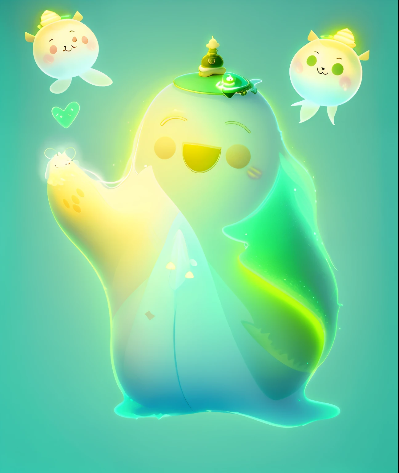 Ghost with a crown on his head, Gel with a smile, friendly contact, floating ghost, Cute and funny ghost, fuzzy ghost, 🐿🍸🍋, Cute green glowing creature, Spooky like, weird shape,3D