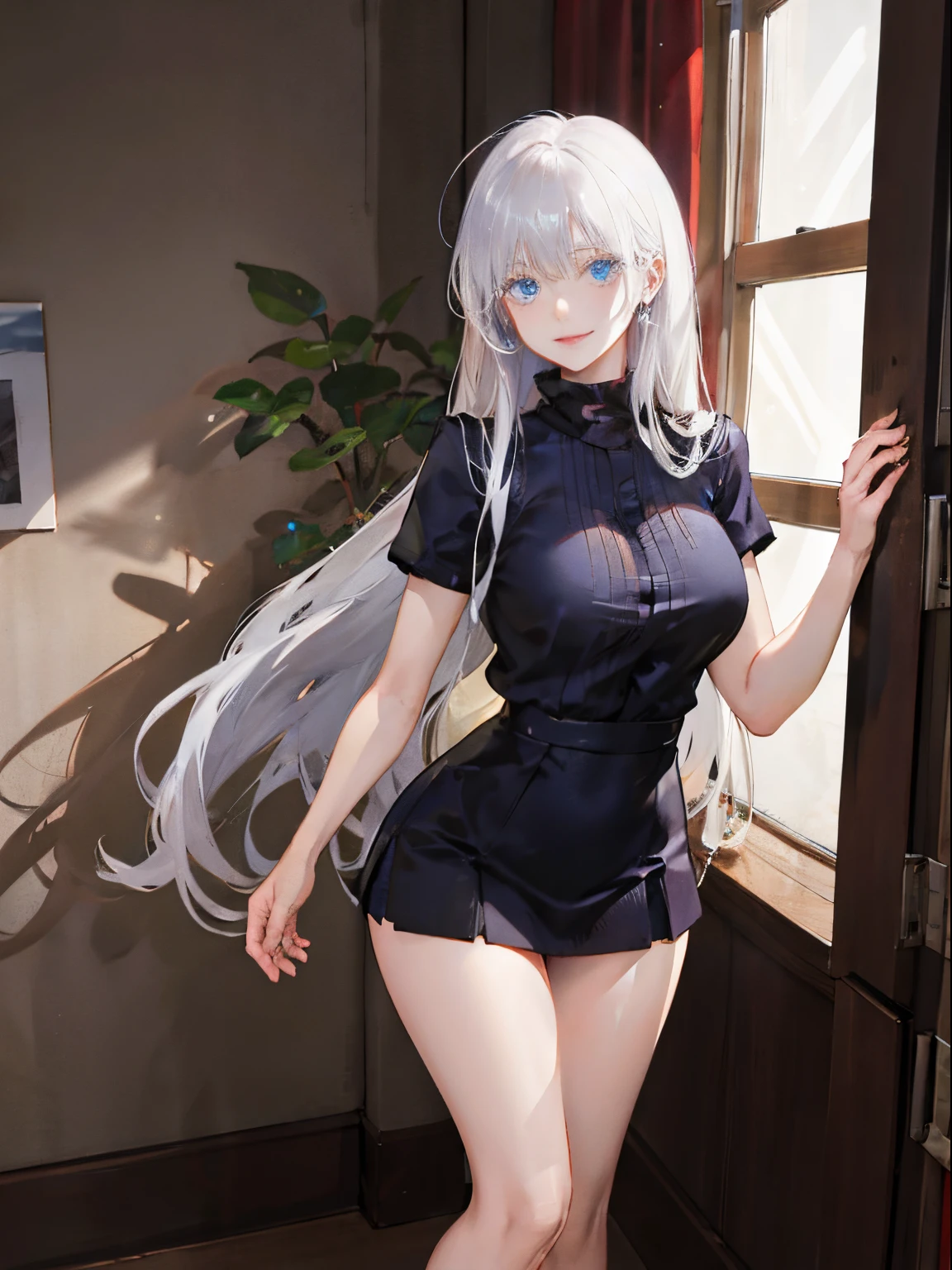 beautiful girl with white hair sitting on a bench in a room, white haired deity