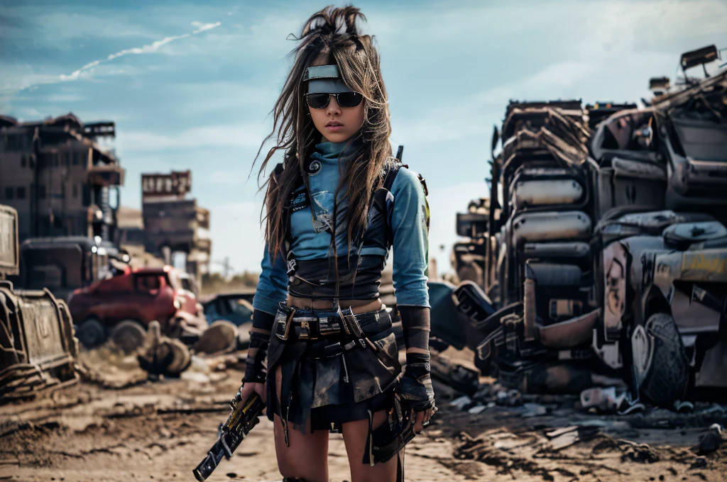 In a broken city with crumbling streets, a scene of doomsday unfolds. The focal point of the image are ((three))  girls with disheveled appearance, wearing shabby clothes that barely cover her body. Her expressive eyes reveal a mix of fear and determination. The intense emotions are further emphasized by her detailed lips, which quiver with anxiety. ((wearing sunglasses))

((Her shirt is light blue with two yellow vertical strips)), ((two vertical yellow strips on shirt),) ((she is holding a large cyberpunk  weapon)), she has patches with nuclear symbols on them, she has steel armor on her shoulders and neck,