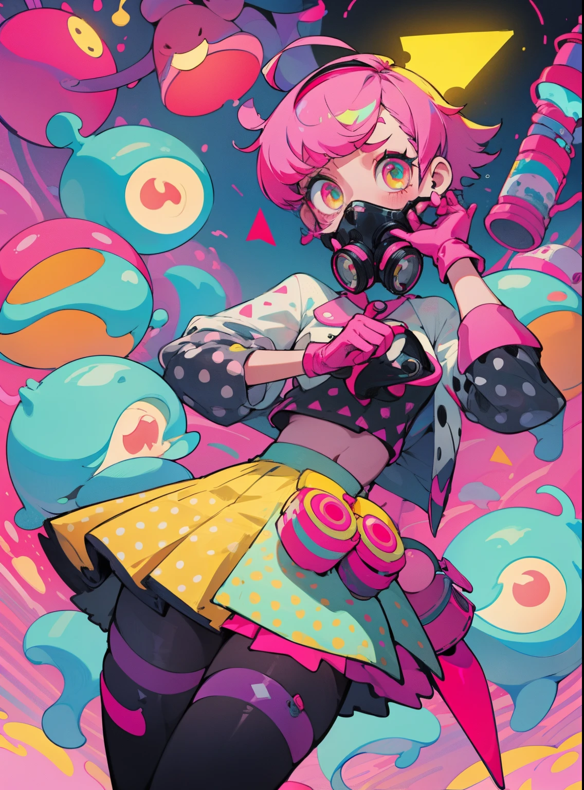 kpop girl with short nice fadecut pink hair, colorful glowing gass mask, lots of shapes attatched everywhere, random shapes mostly triangle, yellow skirt with polcadots, red gloves, and an 2 antena headband