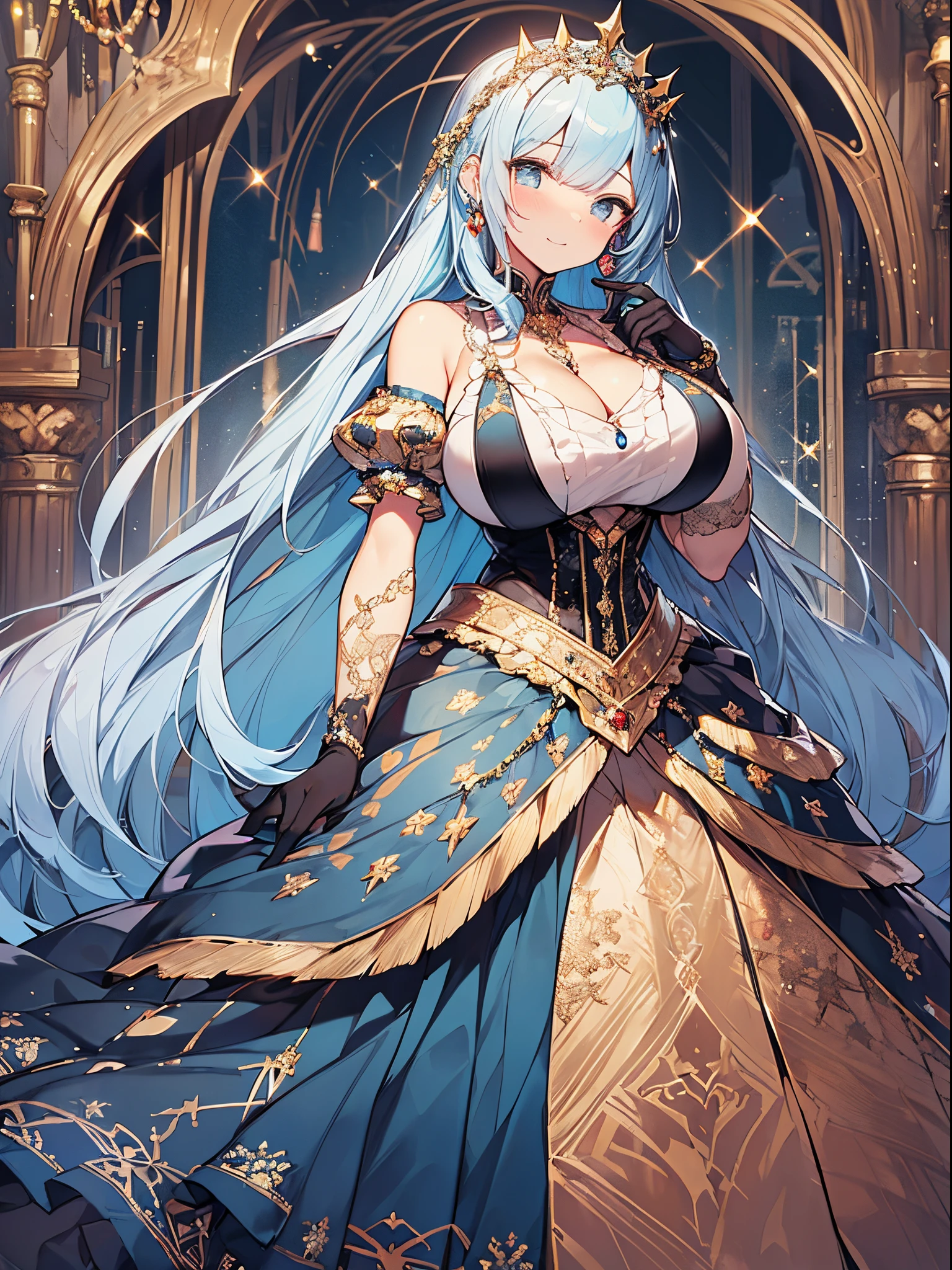 ultra-detailed, extremely detailed,((anime artstyle)),Masterpiece,(Best Quality),(Super Detail),(Very Delicate and Beautiful),((Solo)),((full body)),full body,((detailed face and eyes)),perfect eyes, rendered eyes,jewel-like beautiful eyes,((1 princess in beautiful embroidery and jeweled gorgeous rococo ballgown with frilled voluminous full length hoop skirt)),((Crinoline)),beautiful embroidery and jeweled gorgeous rococo ballgown with frilled voluminous full length hoop skirt,(large amount of straight hair,extremely voluminous Very Long straight Hair,Absolutely Long Straight Hair),sparkly skin,(((very gigantic boobs,curvy,skindentation))),Bursting breasts,cleavage,(fantasy castle,outdoors,outside the castle),long_gloves,extremely gorgeousfull jeweled hair ornament,(bling-bling extremely gorgeousfull jeweled tiara),(luxurious jewelry),full body,beautiful embroidery and jeweled gorgeous rococo ballgown with frilled voluminous full length hoop skirt