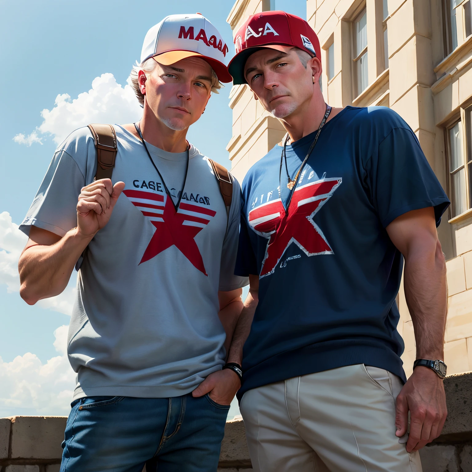 Chris Mowrey and Harry Sisson wearing MAGA hats