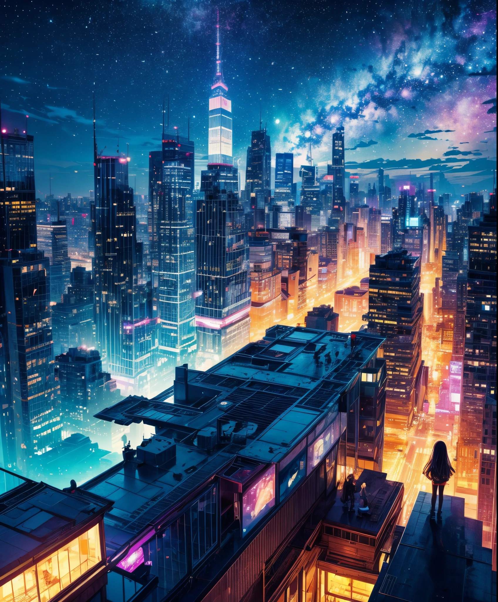 Cute girl characters、 Night view from a high place、Drawing a large number of skyscrapers, Looking up at the starry sky. Surround her with colorful nebulae and colorful metropolis.