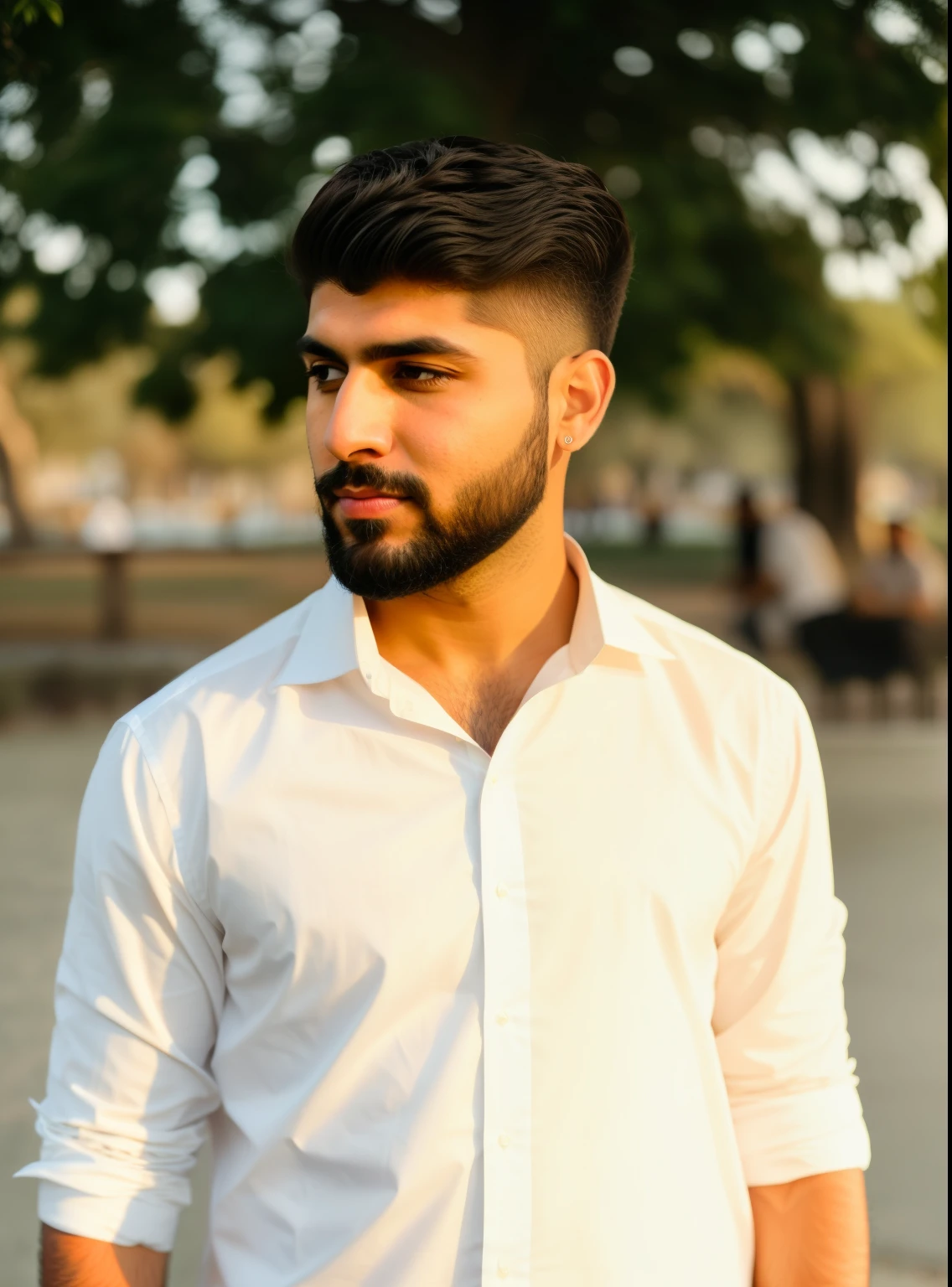 araffe man with a beard and a white shirt standing in a park, kyza saleem, an afghan male type, khyzyl saleem, ash thorp khyzyl saleem, riyahd cassiem, profile picture 1024px, without beard, portait photo profile picture, very very low quality picture, sayem reza