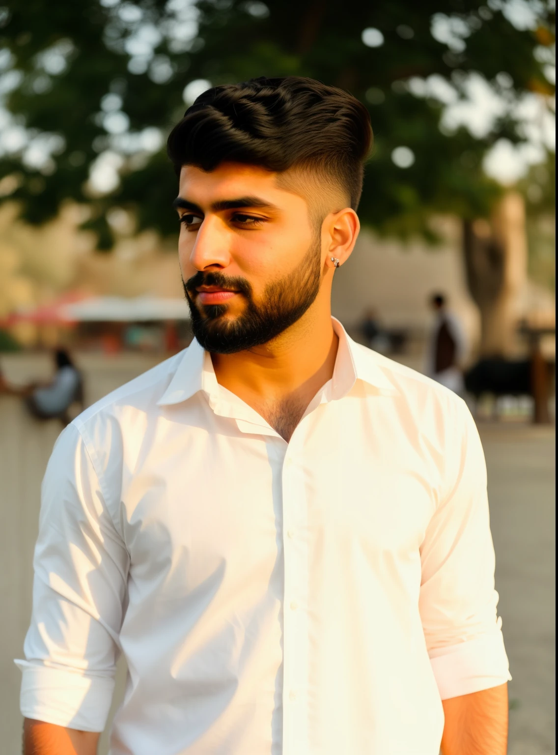 araffe man with a beard and a white shirt standing in a park, kyza saleem, an afghan male type, khyzyl saleem, ash thorp khyzyl saleem, riyahd cassiem, profile picture 1024px, without beard, portait photo profile picture, very very low quality picture, sayem reza