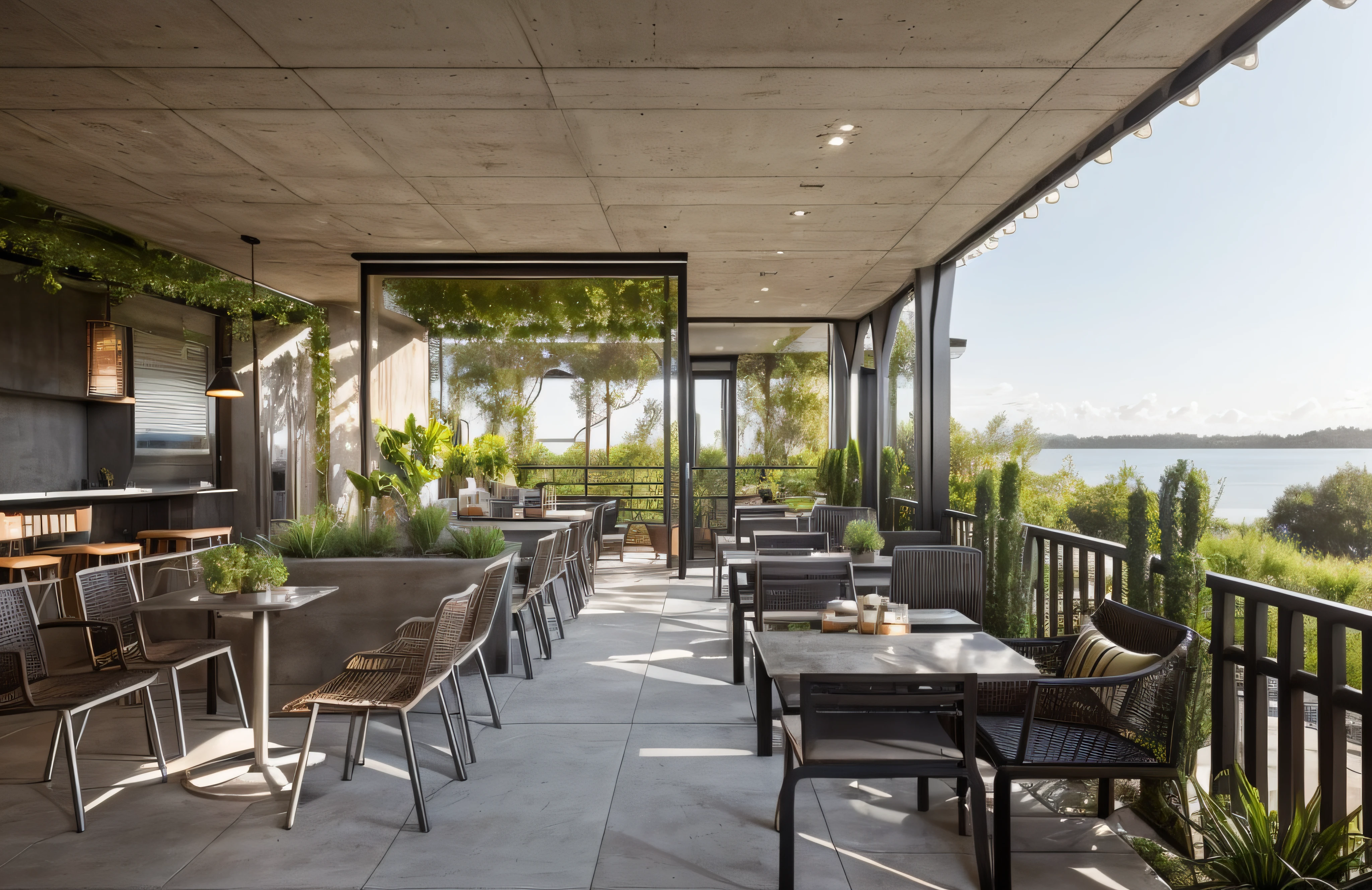 Architecture and Construction: Using Iron and Concrete: The café is primarily built using industrial materials such as iron and concrete, creating a sense of solidity, sturdiness, while still carrying strong aesthetic and modern elements. Open Structure: The design features an open space with large window frames, allowing natural light and an airy environment, fostering a connection with nature outside. Interior Design and Decoration: Metal Furniture: Chairs, tables, bookshelves, and other café items are made from iron or metal, often in black or stainless steel, creating an industrial and modern appeal. Concrete Color Scheme: Floors and ceilings are often painted in concrete colors or left in their natural concrete state, creating a unique beauty and accentuating the iron/metallic furniture. Incorporating Natural Greenery: To soften the industrial space, the café utilizes greenery such as plants, potted grass, climbing vines, adding vibrant accents and a sense of closeness to nature. Design Details: Warm Lighting: Warm decorative lighting is used to create a cozy, muted, and relaxing ambiance. Lighting mainly comes from pendant lights, table lamps, and wall sconces. Simplicity in Style: The design is neat, creatively thought out, yet not overly intricate. Optimizing space to create a comfortable ambiance for customers. Natural Setting: Utilizing decorations like flowers, leaves, hanging plant lamps, or plant stands to create a cozy and comfortable environment, enhancing the natural ambiance of the café. Outdoor Space (if available): Greenery in Outdoor Area: If there's an outdoor space, incorporating greenery, flower pots, artificial grass carpets, or even climbing plants to create a cool, relaxing, and inviting environment for customers. Summary: Industrial-themed cafes using iron and concrete often bring about uniqueness, modernity, and strength. Coupled with the use of natural elements, the space becomes warm, closer to nature, and creates vivid focal points, h