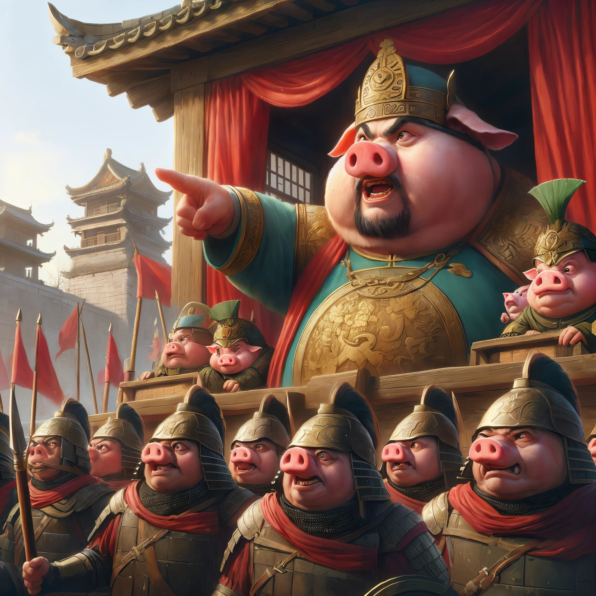 There were many pigs in the group of soldiers.、a man is pointing, anthropomorphic warrior piglet, wojtek fus, by Qu Leilei, beautiful render of tang dynasty, hog, 3 d epic illustrations, inspired by Pu Hua, cgsociety and fenghua zhong, cg art, by Ni Yuanlu, Inspired by Lu Guan