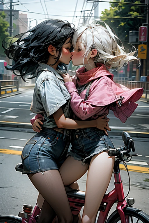 Two girls kiss while riding bicycles, denim miniskirt, white panties,