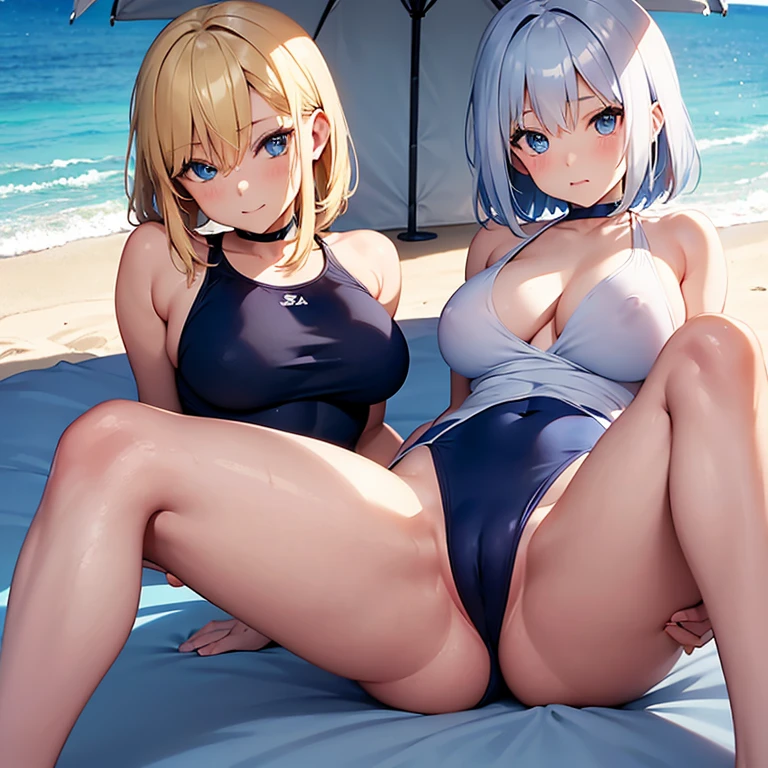 2D Anime Style、Blue eyes、breasts are slightly larger、A cool adult woman with short blonde hair rolls up the hem of her swimsuit on the beach to show that she is not wearing underwear......、Almost naked.。she spreads her legs and looks shy..., open and expose genitals..