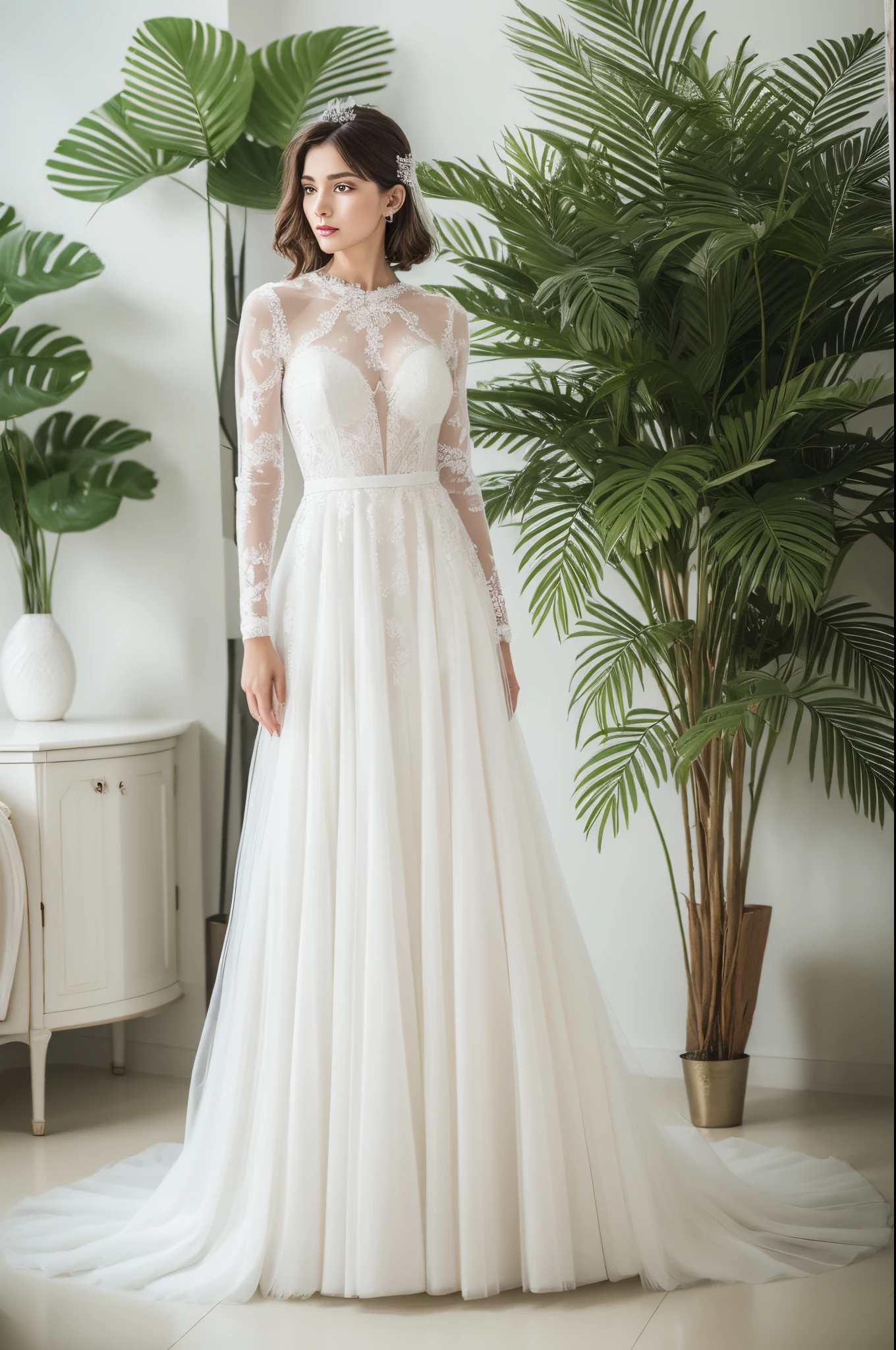 Best quality, 8k, 32k, Masterpiece, Masterpiece, (Photorealistic: 1.4), RAW photo, ultra realistic, 1girl,Fashion model,Wearing a white ballgown wedding dress, long sleeve style, tulle fabric, full body, in white room with indoor decorative palm tree,Stand upright and look straight,