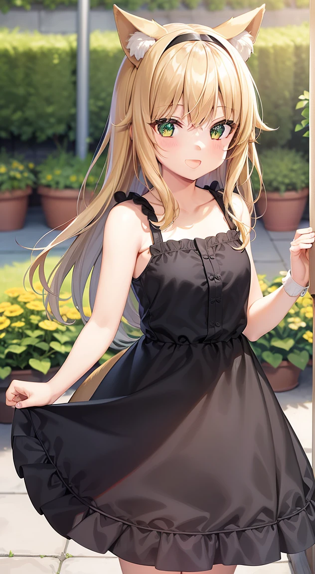 1girl in, :D, animal ear fluff, Animal ears, Bangs, black hairband, Blonde hair, Blurry, Blurry background, depth of fields, Dress, flower, flower pots, frilly dress, frilld, Green dress, Green eyes, shairband, Holding, Long hair, Open mouth, pink flowers, plant, potted plant, sketch, Sleeveless, Sleeveless dress, Smile, Solo, tail, Wrist cuffs, yellow flower, 1980s (Style)