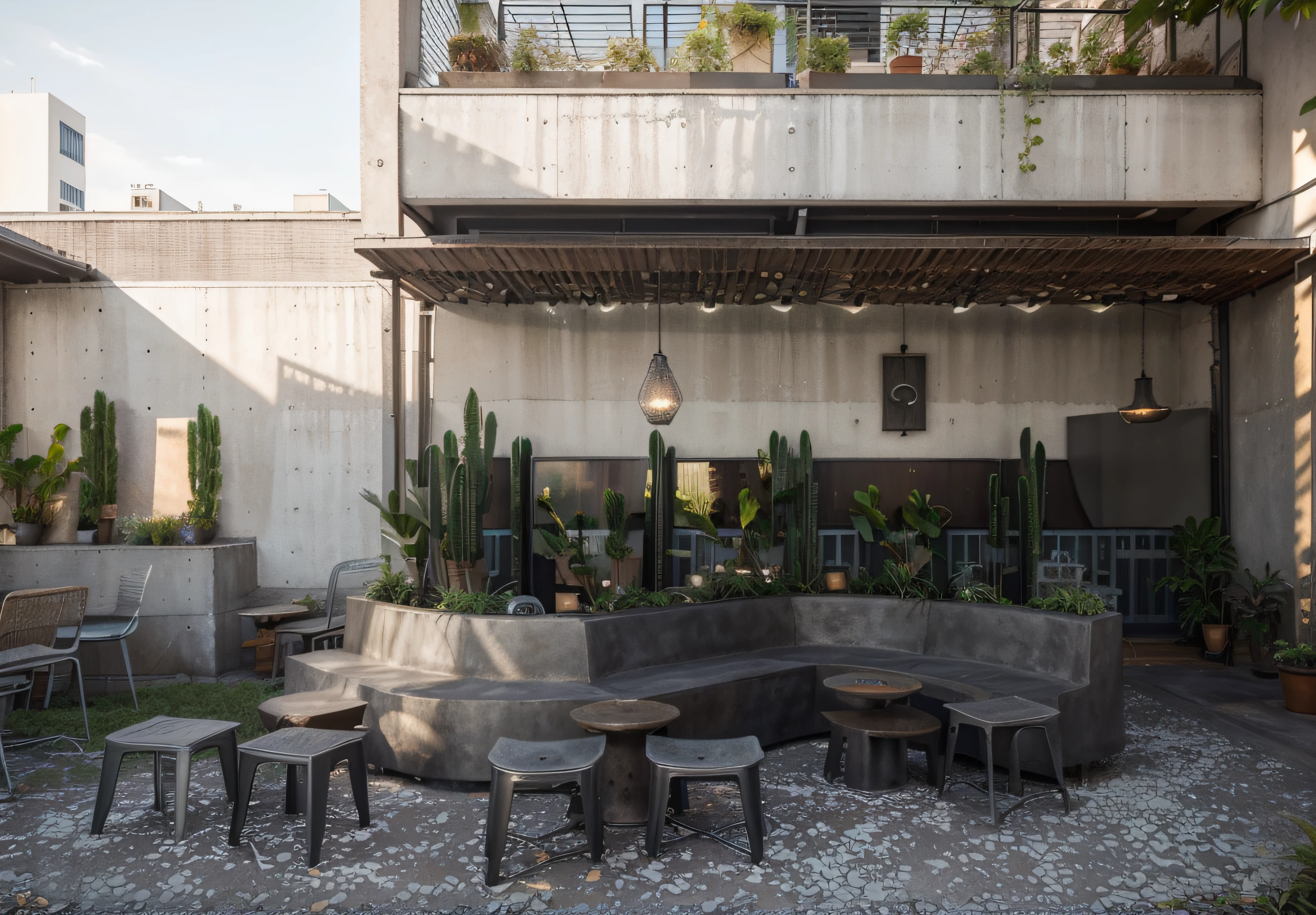Architecture and Construction: Using Iron and Concrete: The café is primarily built using industrial materials such as iron and concrete, creating a sense of solidity, sturdiness, while still carrying strong aesthetic and modern elements. Open Structure: The design features an open space with large window frames, allowing natural light and an airy environment, fostering a connection with nature outside. Interior Design and Decoration: Metal Furniture: Chairs, tables, bookshelves, and other café items are made from iron or metal, often in black or stainless steel, creating an industrial and modern appeal. Concrete Color Scheme: Floors and ceilings are often painted in concrete colors or left in their natural concrete state, creating a unique beauty and accentuating the iron/metallic furniture. Incorporating Natural Greenery: To soften the industrial space, the café utilizes greenery such as plants, potted grass, climbing vines, adding vibrant accents and a sense of closeness to nature. Design Details: Warm Lighting: Warm decorative lighting is used to create a cozy, muted, and relaxing ambiance. Lighting mainly comes from pendant lights, table lamps, and wall sconces. Simplicity in Style: The design is neat, creatively thought out, yet not overly intricate. Optimizing space to create a comfortable ambiance for customers. Natural Setting: Utilizing decorations like flowers, leaves, hanging plant lamps, or plant stands to create a cozy and comfortable environment, enhancing the natural ambiance of the café. Outdoor Space (if available): Greenery in Outdoor Area: If there's an outdoor space, incorporating greenery, flower pots, artificial grass carpets, or even climbing plants to create a cool, relaxing, and inviting environment for customers. Summary: Industrial-themed cafes using iron and concrete often bring about uniqueness, modernity, and strength. Coupled with the use of natural elements, the space becomes warm, closer to nature, and creates vivid focal points, h
