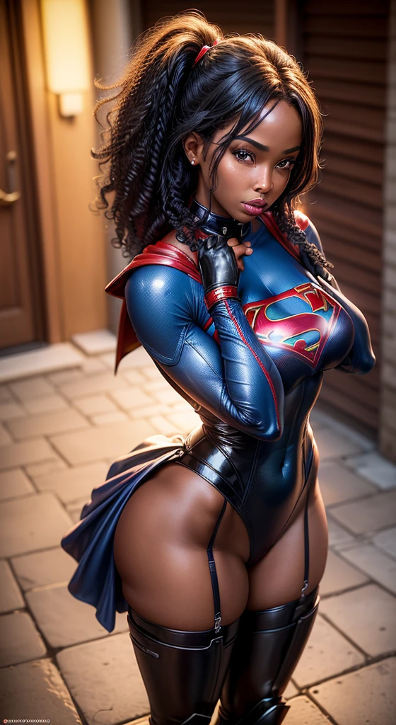 (melhor qualidade,4k,8k,alta resolução,masutepiece:1.2), (Emily is a black woman, ebony skin) , (BBW MILF), (30 anos), (bunda enorme: 1,9), afro hair, (seios grandes: 1,9), caminhando na rua de uma cidade, (sexy shiny supergirl leather costume), (bota branca), (full body photo), sexy, sensual, hot, decotes, bunda enormes. (mesmo personagem, de frente, de lado, de costas), (perfect hands), perfecteyes