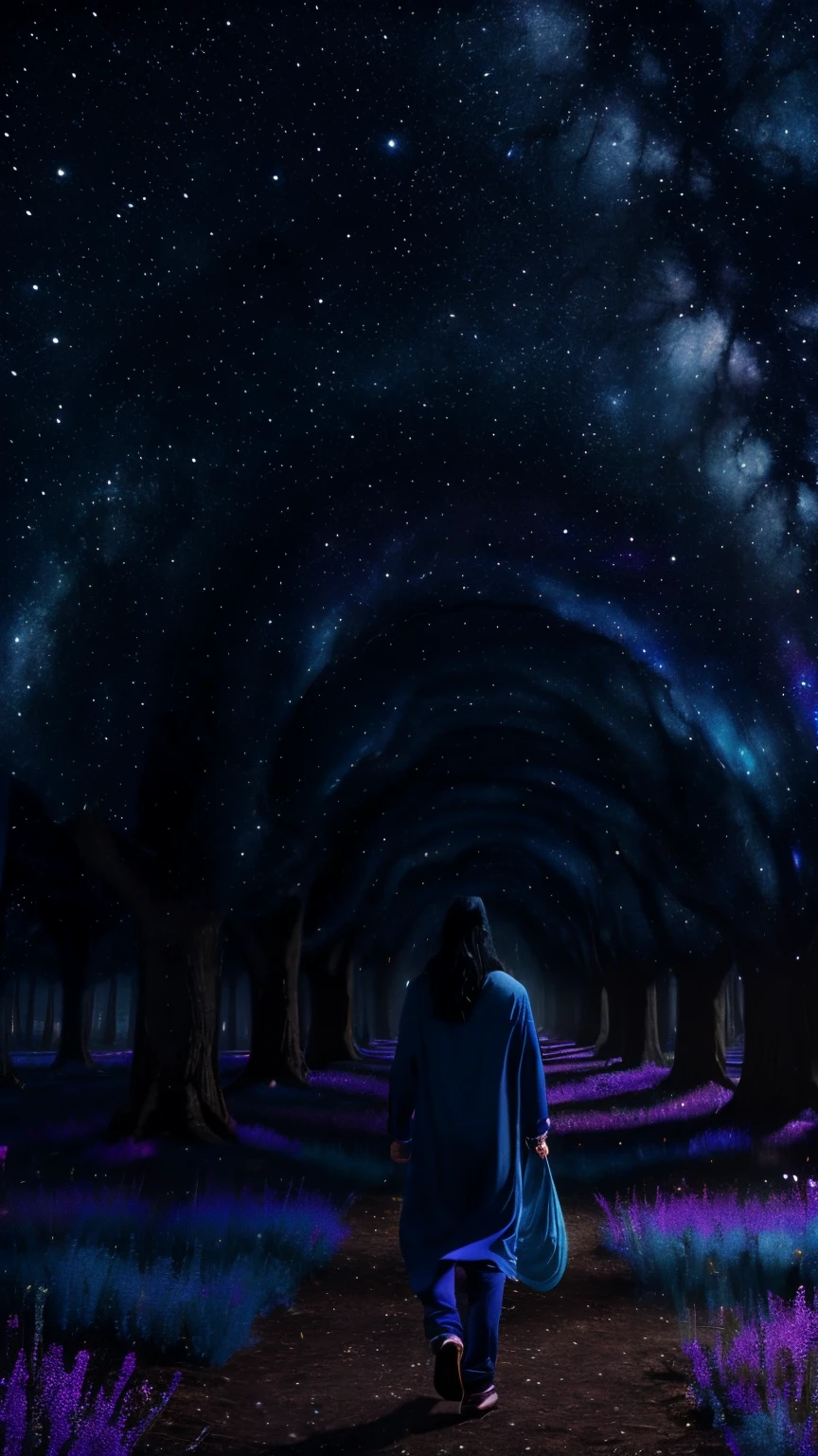 An astral body (soul) with long black hair, His body is an indigo soul with brighter diffuse polka dots, This guy is doing an astral trip, transporting himself to a beautiful place, The most beautiful park ever seen fifth dimension, astral dimension, on astral park, image full of details, 8k render, colourful, purple tones