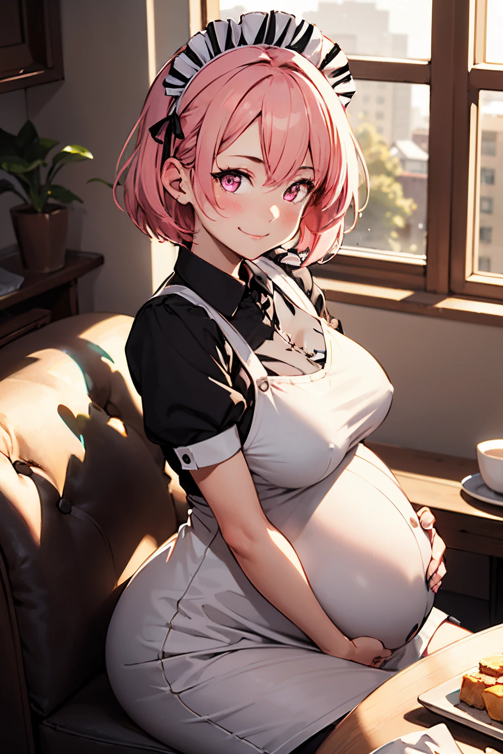 1girl, maid uniform, short pink hair, glow pink eye, portrait, calm, happy expression, smile, glowing, sidelighting, medium breast, pregnant, touching her belly, sit near from window, grateful