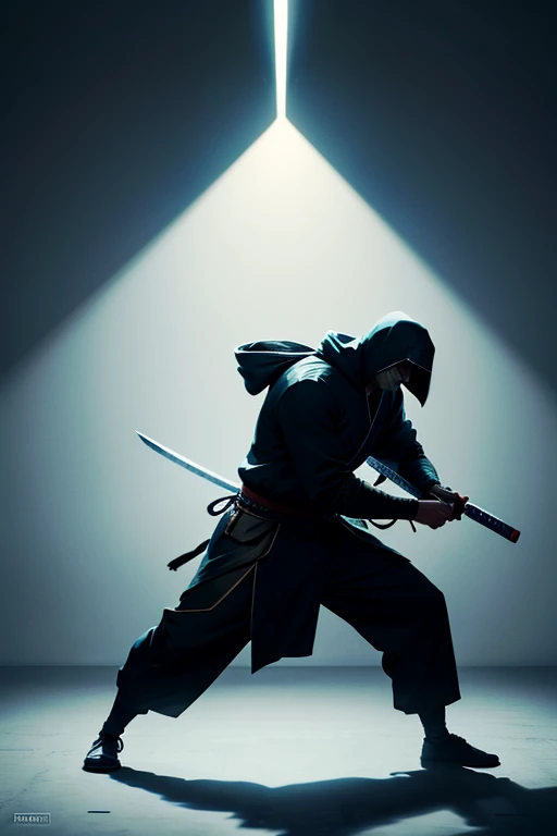 generate an evocative visual where a man in a hoodie stands beneath a concentrated light, casting a shadow that morphs into the dignified stance of a samurai warrior
