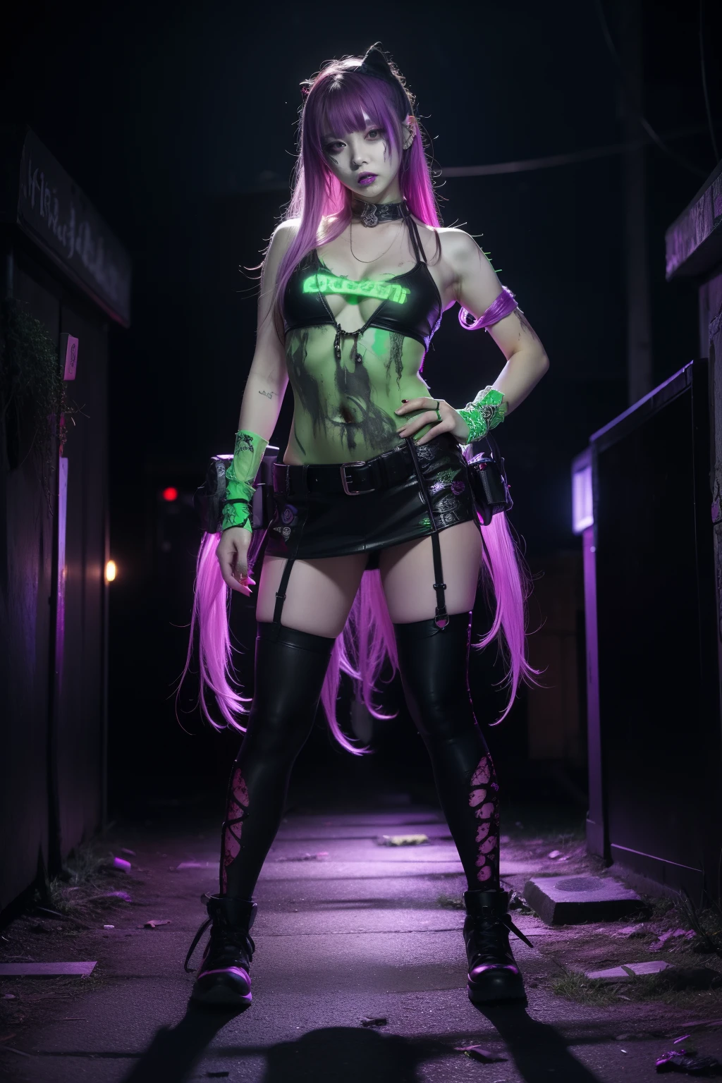 Female idol covered in zombies、full body Esbian、zombie cyberpunk fashion(fluorescent purple and green)、cyberpunk cemetery、Luminescent