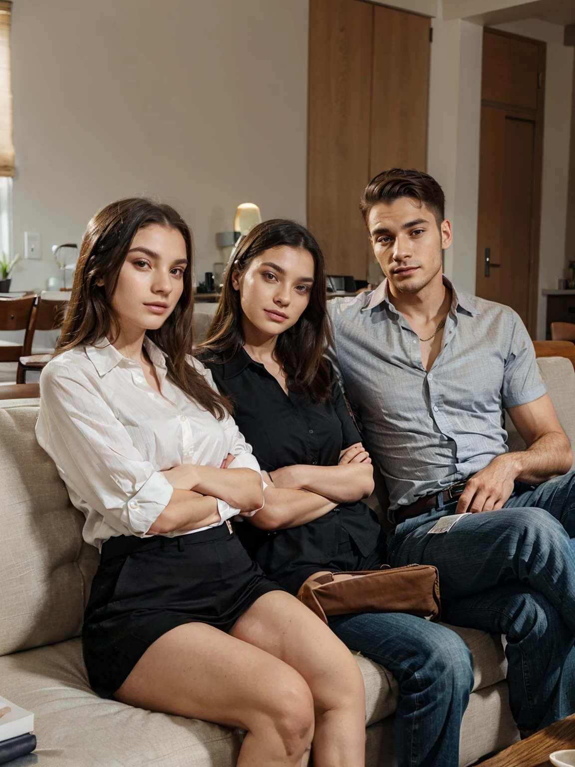 Three people, a man in his 20's wearing formal shirt and a woman wearing a shirt sitting on a couch in the living room (relaxing atmosphere) (professional people)