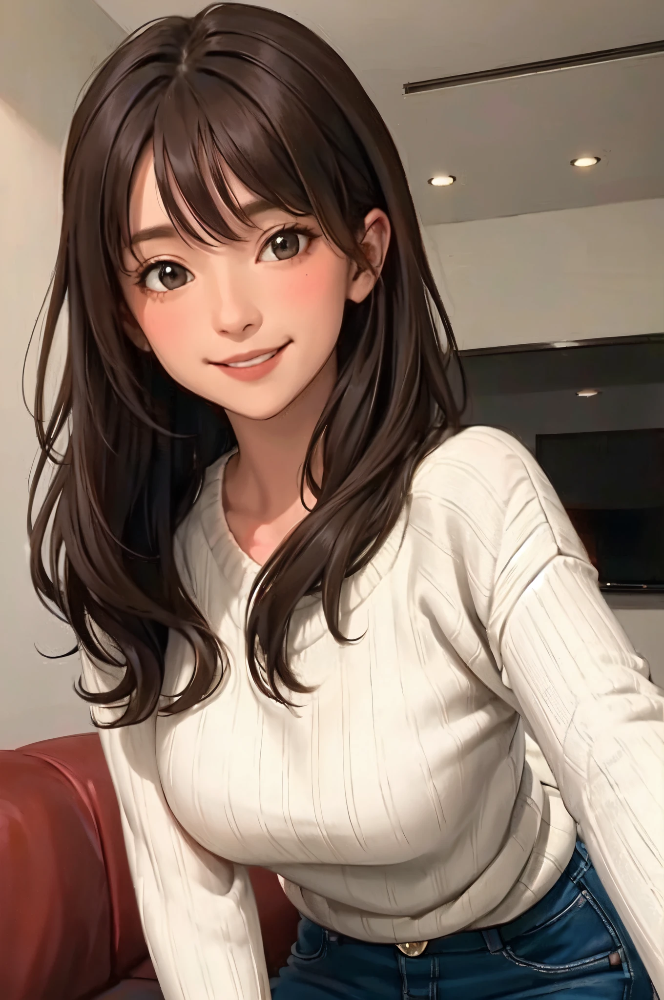 1lady standing, /(oversized sweater/) v-neck, mature female, /(brown hair/) bangs, blush kind smile, (masterpiece best quality:1.2) delicate illustration ultra-detailed, medium breasts pantyhose BREAK /(modern house living room/) indoors