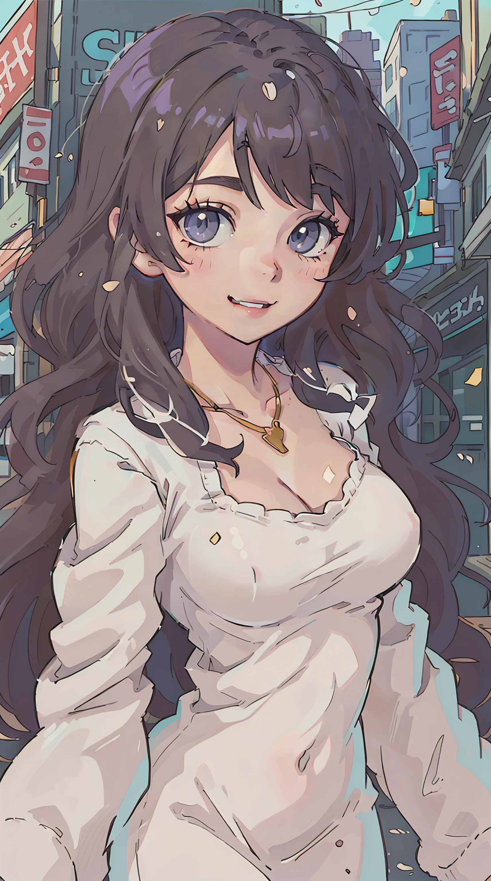 (masterpiece, best quality), 1 girl, upper body shot, curvaceous but slender body, perfect anime illustration, closeup portrait of a pretty woman walking through the city, printed colorful summer dress, wavy hair, necklace, city streets, clean lines