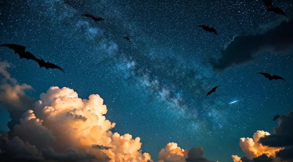Starry sky like a galaxy, clouds, moon, bats flying behind
