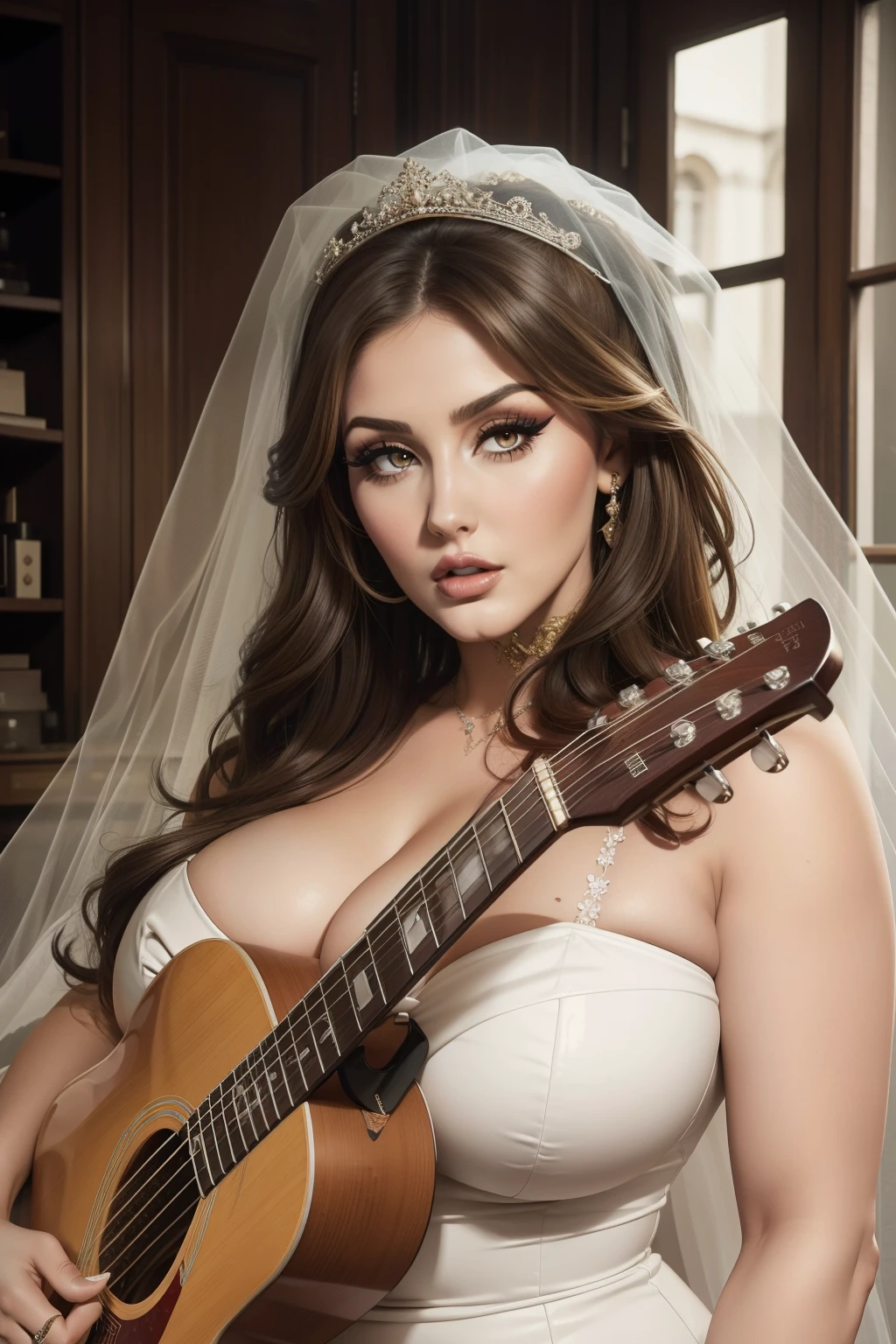 Lucy pinder, MOUTH WIDE OPEN, voluptuous, neckline, ((VERY INTENSE MAKEUP)), sexy outfit, Adele, bride, play guitar