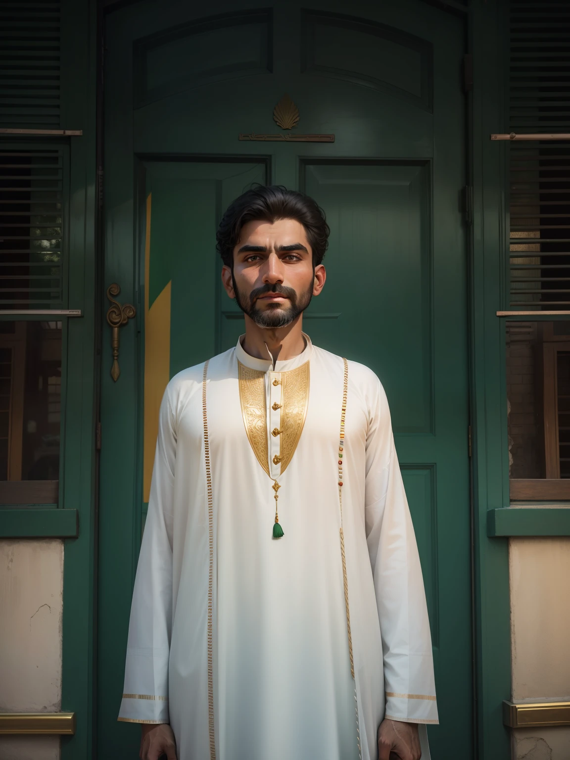 Picture a heartwarming scene of a man standing tall and proud, holding the Pakistani flag in his hand. He is dressed in a traditional Pakistani outfit, embodying the essence of "Jash e Azadi." The backdrop is a picturesque street adorned with vibrant decorations, representing the festive spirit of independence. Behind the man stands a magnificent and gleaming luxury car, symbolizing progress and prosperity. This captivating setting captures the pride and unity as we celebrate our nation's independence. 🇵🇰🚗