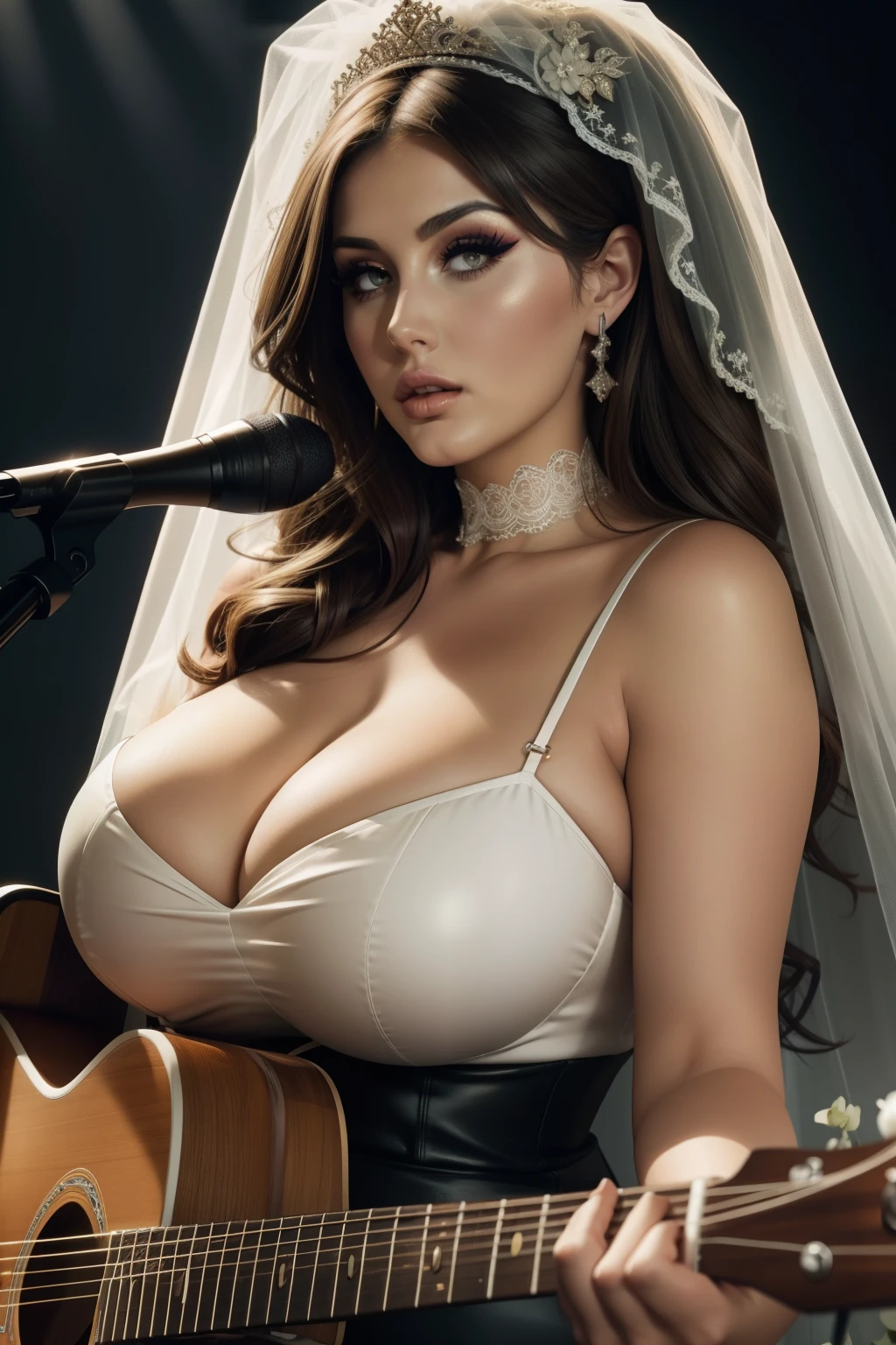 Lucy pinder, MOUTH WIDE OPEN, voluptuous, neckline, ((VERY INTENSE MAKEUP)), sexy outfit, Adele, bride, play guitar