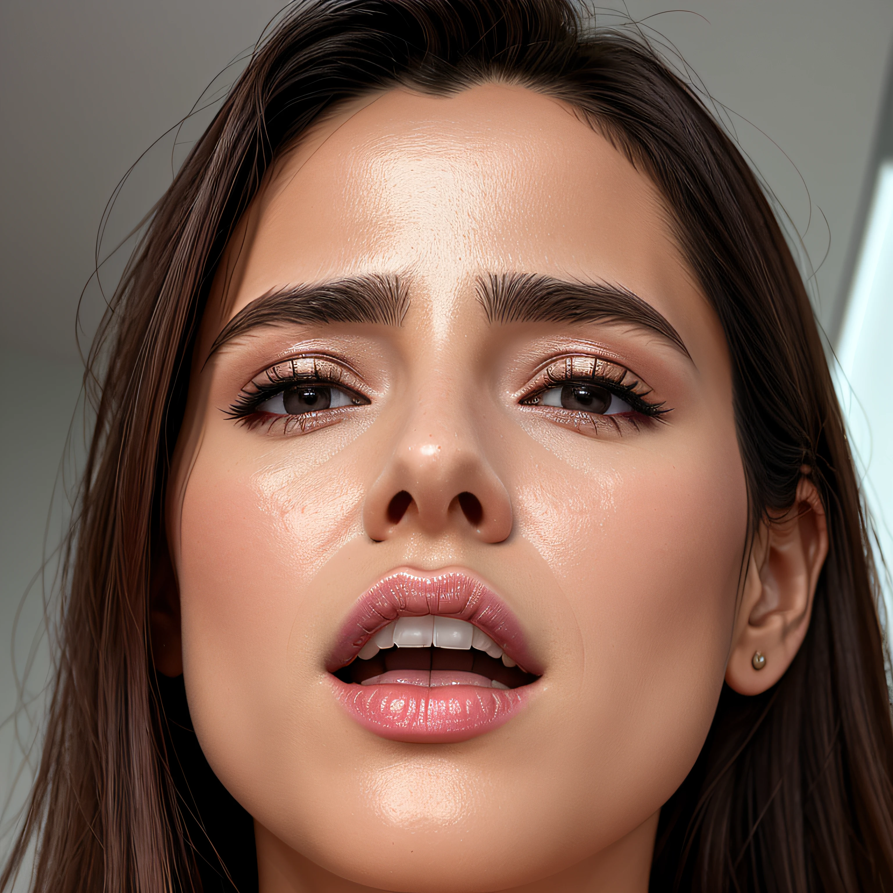1girl in.masutepiece,,award - winning photo, Extremely detailed, sharp focus on eyes, Nose and Mouth,Face Focus, Woman with mouth open and eyes closed, Black camisole、32years old,A dark-haired、Wrinkles in the eyes：1.0、Symmetrical face,Realistic nostrils、Angle from below、elongated C-shaped nostrils,,,,,,,,,,,NSFW,Inside a Chanel store、Lighting that emphasizes skin glowing with sweat、((sharp nose))Skin shiny with sweat、shinny skin、(Trembling girl)vaginal,SEX,Back,wet and shiny lips、Wide-angle lens distortion removal、