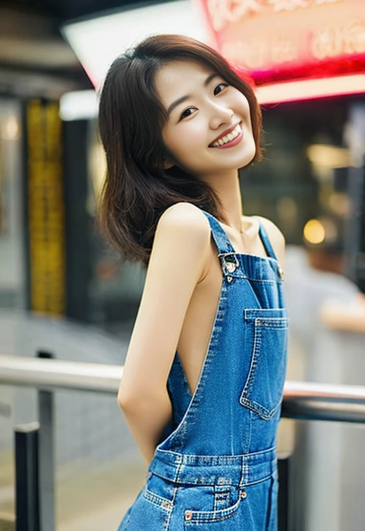 30 year old Hong Kong woman, Perfect slender figure,smiling genius, Straight medium hair with a slight brown tinge, thin and slightly long face、innocent and charming, Topless in denim overalls.