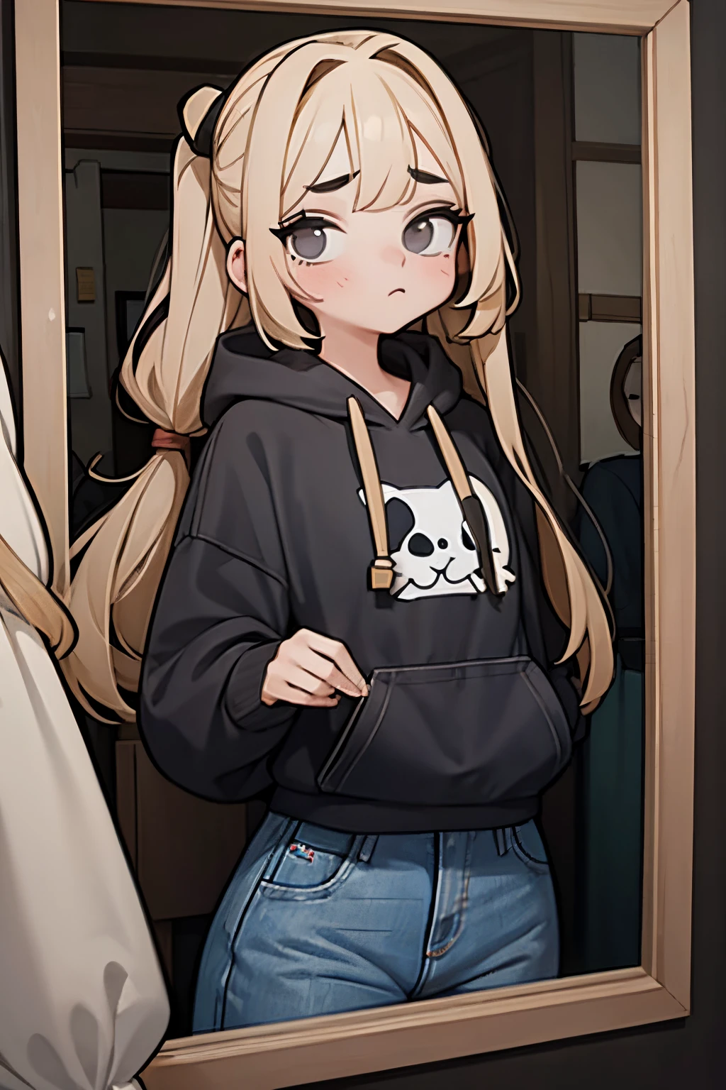 Girl has upper back length, blonde hair partially tied back and a chin length fringe parted in the middle to frame her face. She wears a gray zipper hoodie with a long-sleeved black shirt underneath and jeans. Later in the game she can be seen in the mirror to have developed dark circles under her eyes.