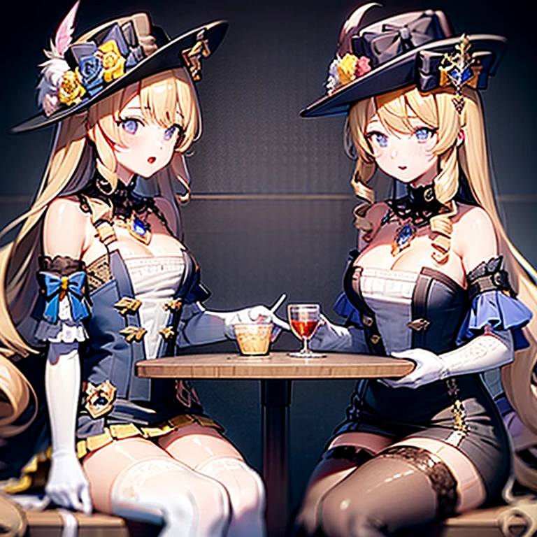 Masterpiece, Best Quality, 2girls, Klonde, Navia, sitting at a table, desserts on the table