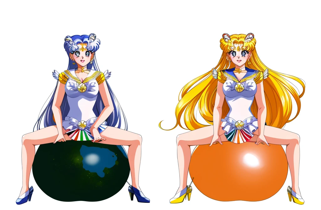 sailor girl sitting on a ball and a girl sitting on a ball, by Sailor Moon, sailor moon!!!!!!!!, anime maids riding early tanks, sailor moon style, cel shaded anime, in the art style of 8 0 s anime, 8 0 s anime art style, 9 0 s anime art style, gainax anime style, peach and goma style,  anime style