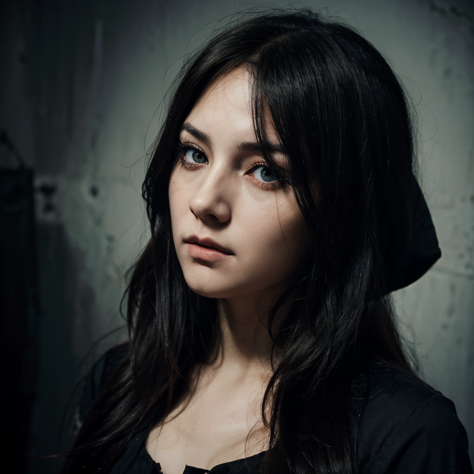 Scary, horror, creepypasta, 3/4 angle, woman with dark long hair obstructing face, blank eyes, wide mouth, low constrast, dark, uncanny, anime style, fish lense, zoomed in, fill the canvas