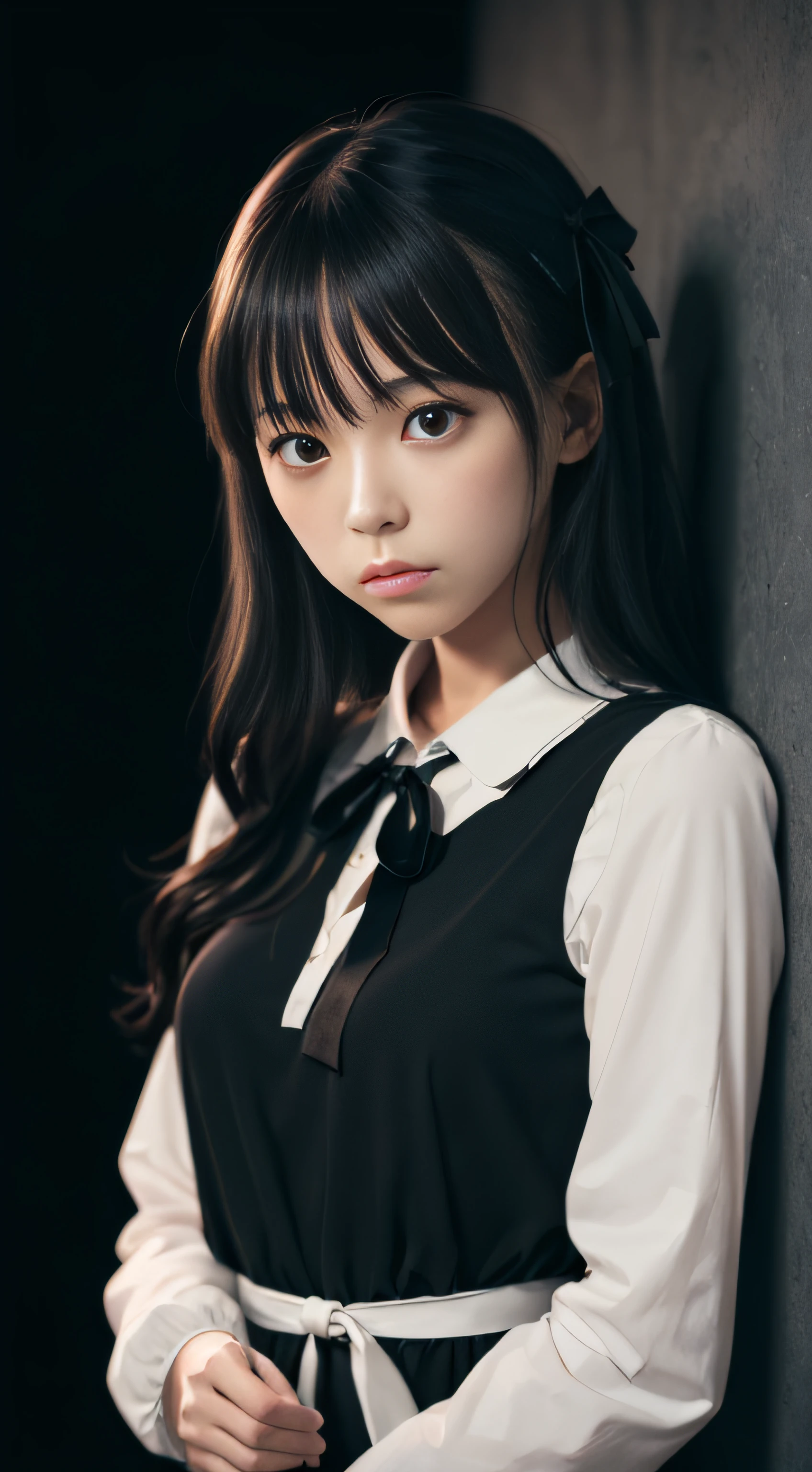 ((masutepiece, Best Quality)),Best aesthetic,1girl in, Solo, Long hair, Black Dress, flower, bow ribbon, Black background, Black hair, Rose, Hair Ribbon, Green eyes, Long sleeves, White Rose, Closed mouth, a black ribbon, Upper body, Cinematic lighting