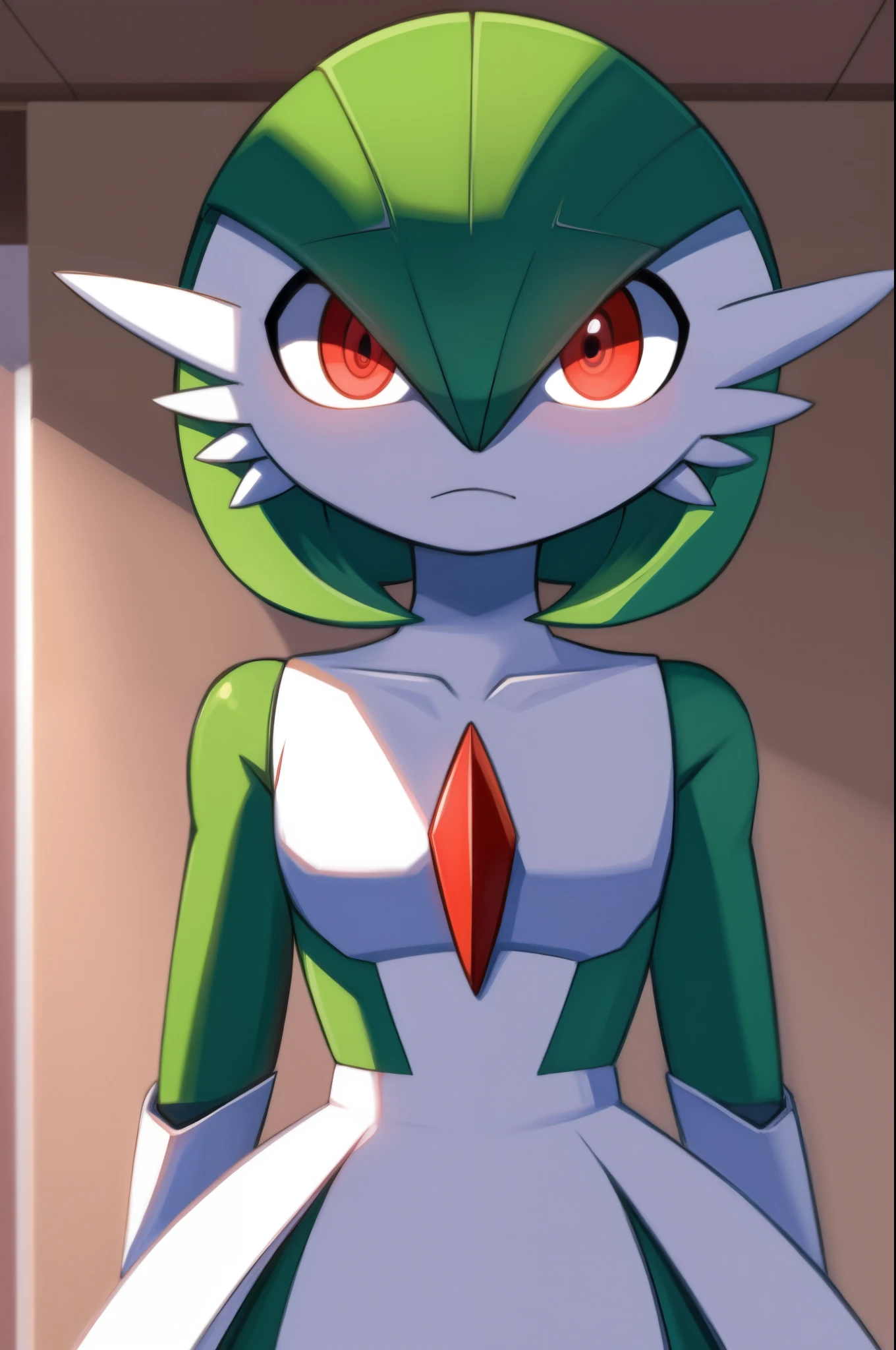 best quality, Gardevoir, pokemon, red eyes, green hair, robot joints, dazed, empty eyes, blank eyes, empty stare, blank stare, hypnotized, mind controlled, mind control, hypnosis