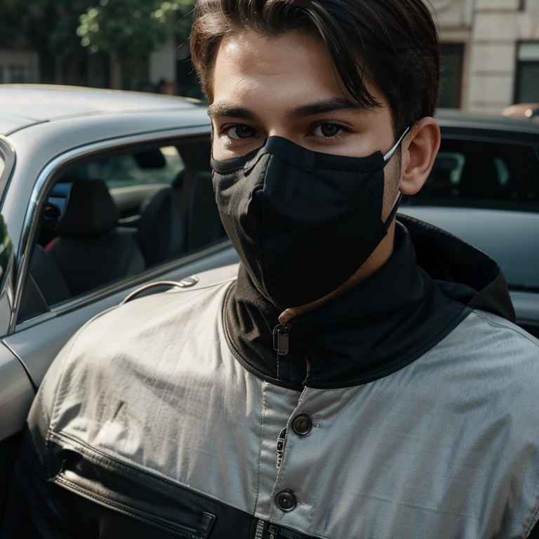 Best quality, 4K picture quality, boy with mask, wealthy background , car
