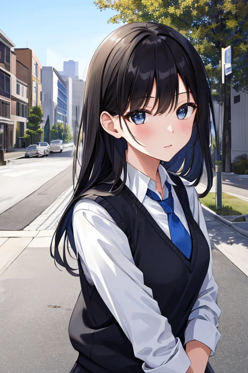 masterpiece, high quality, 8k, beautiful lighting, 1girl, solo, akane, white shirt, sweater vest, black vest, blue necktie, outdoors, upper body, portrait, bush, looking at viewer, buildings, city