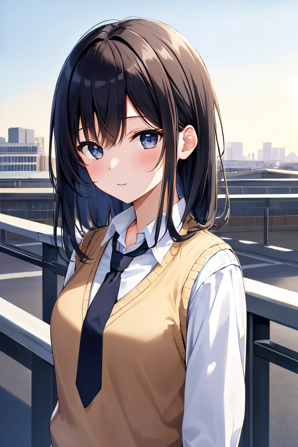 masterpiece, high quality, 8k, beautiful lighting, 1girl, solo, akane, white shirt, sweater vest, black vest, blue necktie, outdoors, upper body,  portrait, bush, looking at viewer, buildings, city