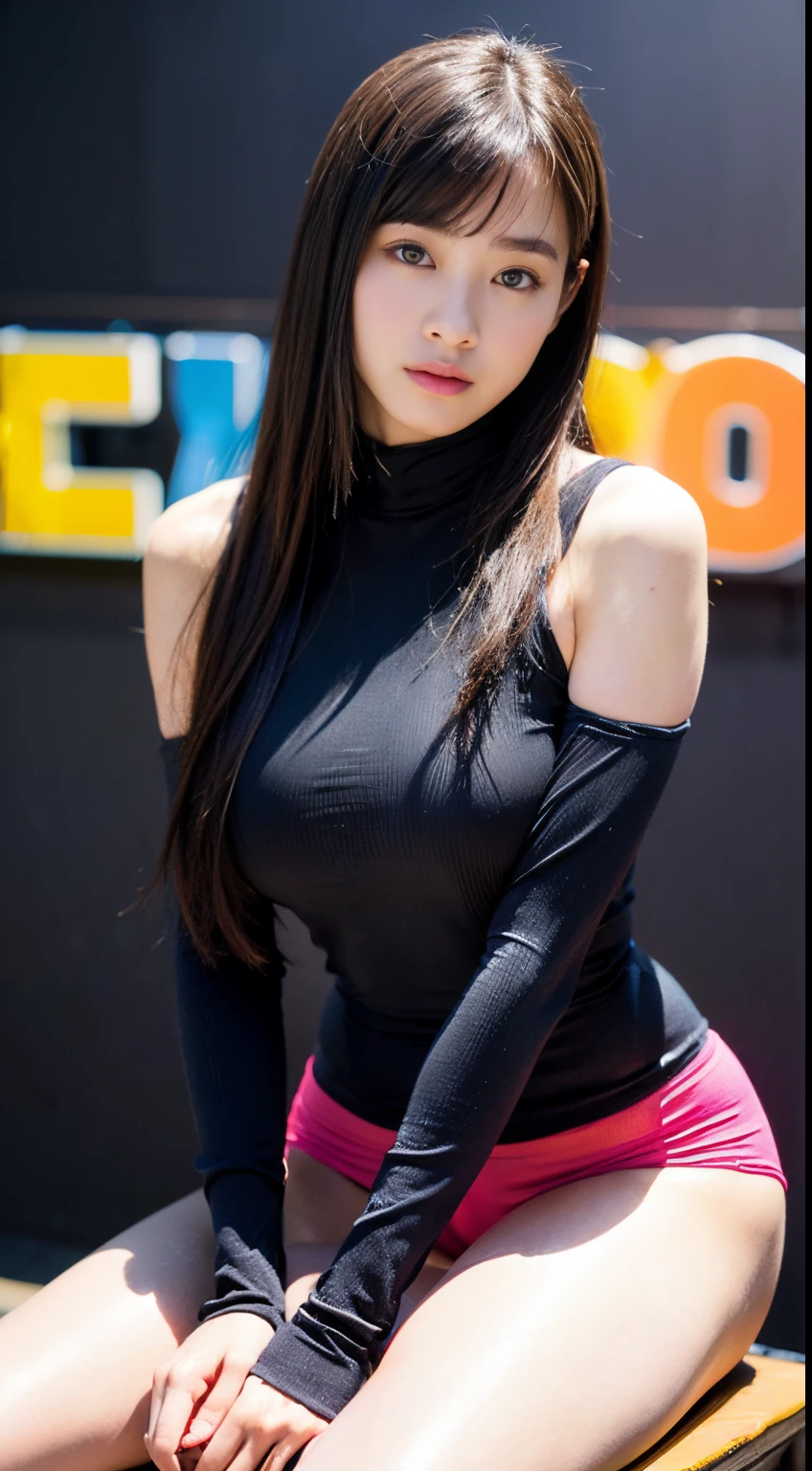 Perfect face and big breasts、25 year old girl with slim and slender physique。Skin is detailed and very detailed eyes(1.1 emphasis)、high detailed skin texture(1.1 emphasis)Has a、Model Photo Style、Photorealsitic、Skin texture is the texture of real human skin、Detailed skin pores、intricate detailes、Eyes very detailed、rossdraws pastel vivid、artgerm colorful!!!、!Dream Art Germ、extremely detailed art germ、From the knee up、A little smile、sexypose、Sexy mouth,((、colourfull、black walls、Power Rack、Muscle Training Equipment))、Long Sleeve High Neck Shiny Tight Colorful Yoga Wear、Glossy long trouser leggings、yoga pose、Fours、boob focused