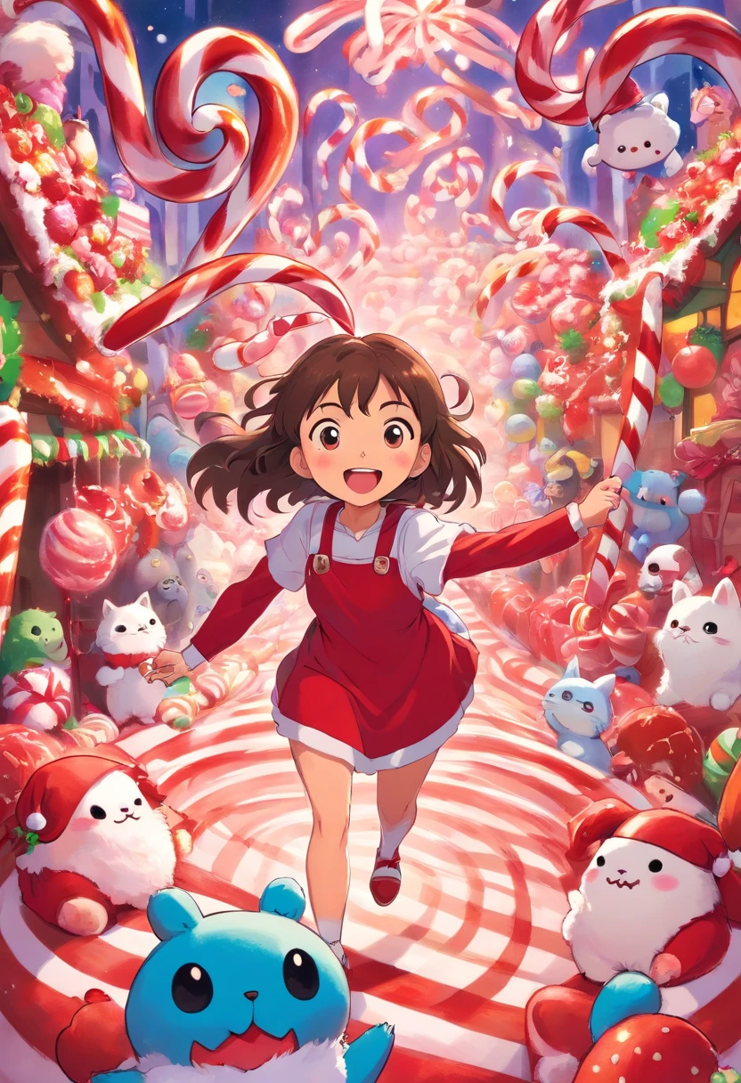 Hispanic cute and excited girl surrounded by happy creepy funny fuzzy plushies floating in a candy cane lane strawberry shortcake world