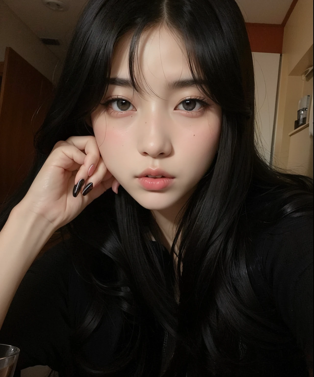 there is a woman sitting on a couch with a cell phone, Ulzzang, Ela tem cabelo preto com franja, menina coreana, wan adorable korean face, menina bonito-fino-cara, Jaeyeon Nam, young adorable korean face, Jinyoung Canela, 19-year-old girl, Mulher sul-coreana bonita, Xintong Chen, com bonito - fino - rosto